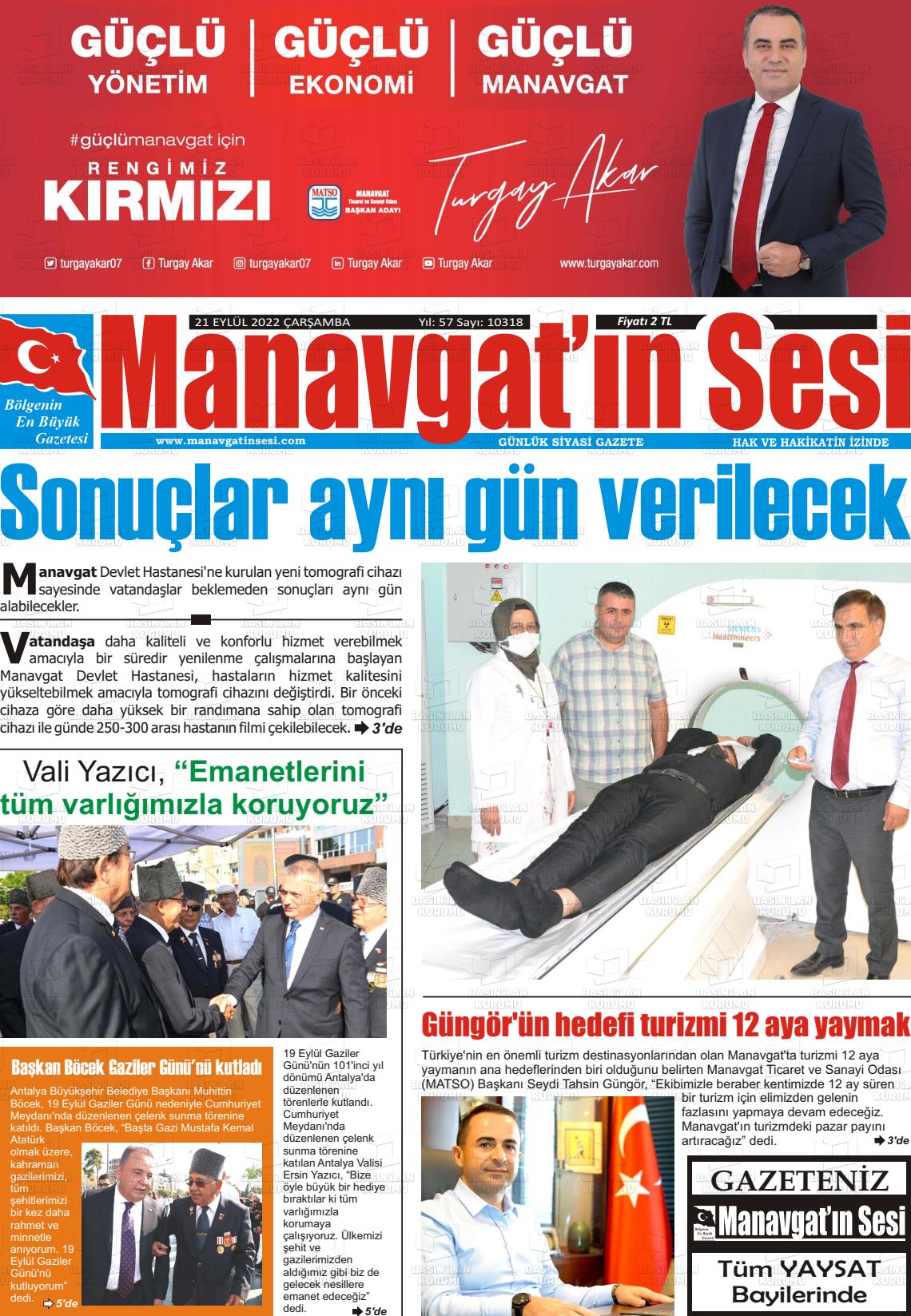 21 Eylül 2022 Manavgat'ın Sesi Gazete Manşeti