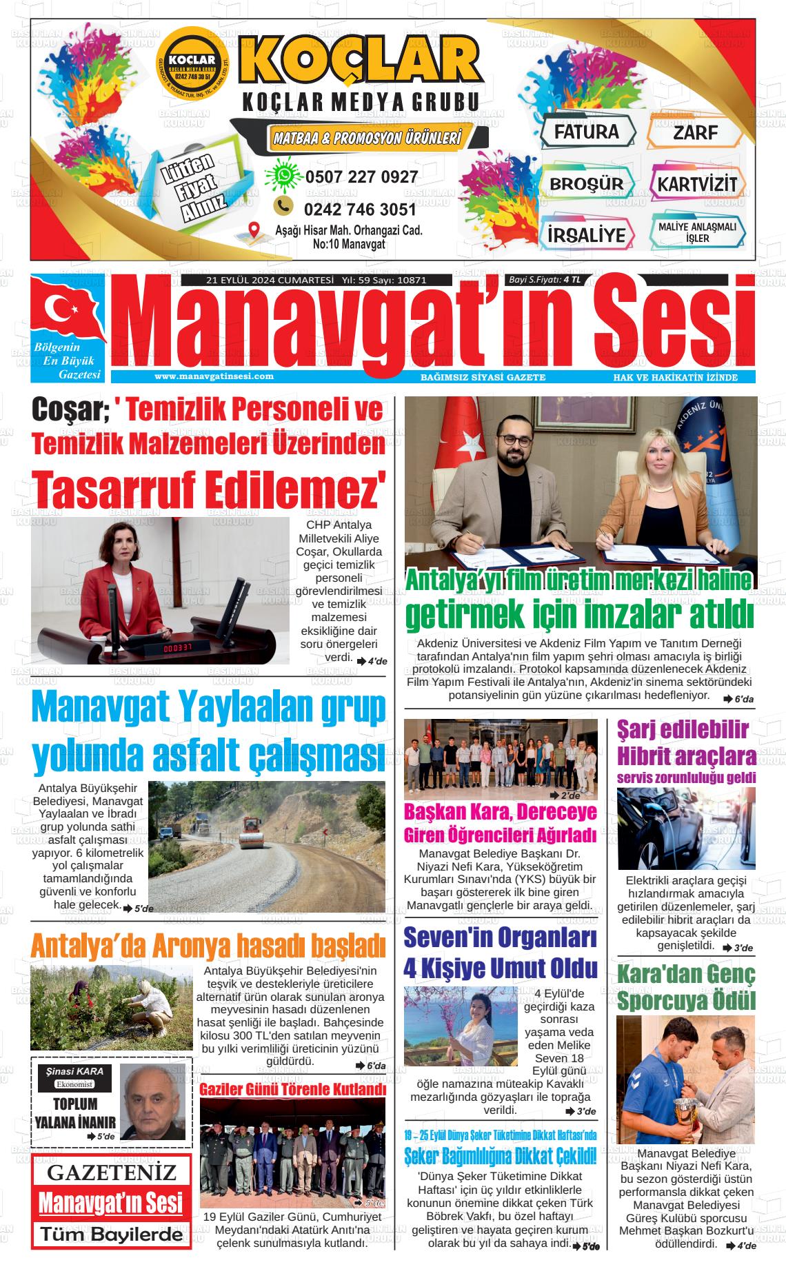 21 Eylül 2024 Manavgat'ın Sesi Gazete Manşeti