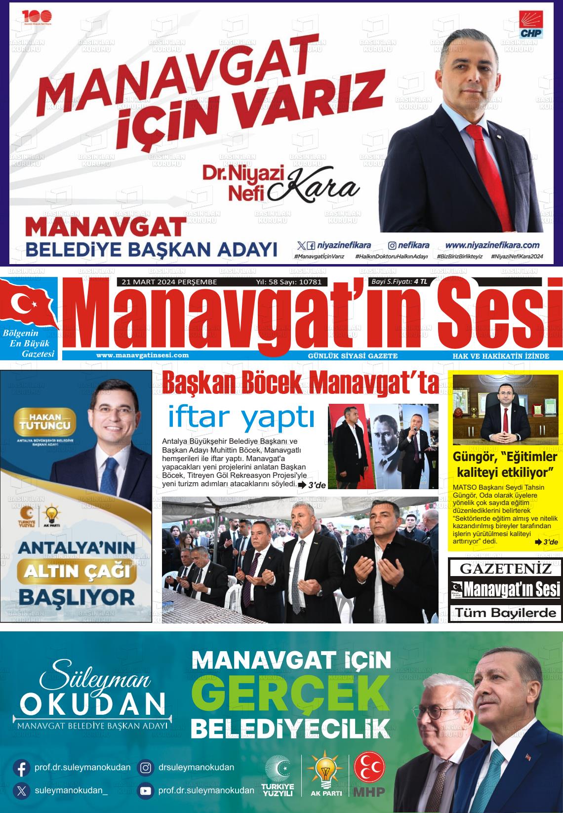 21 Mart 2024 Manavgat'ın Sesi Gazete Manşeti