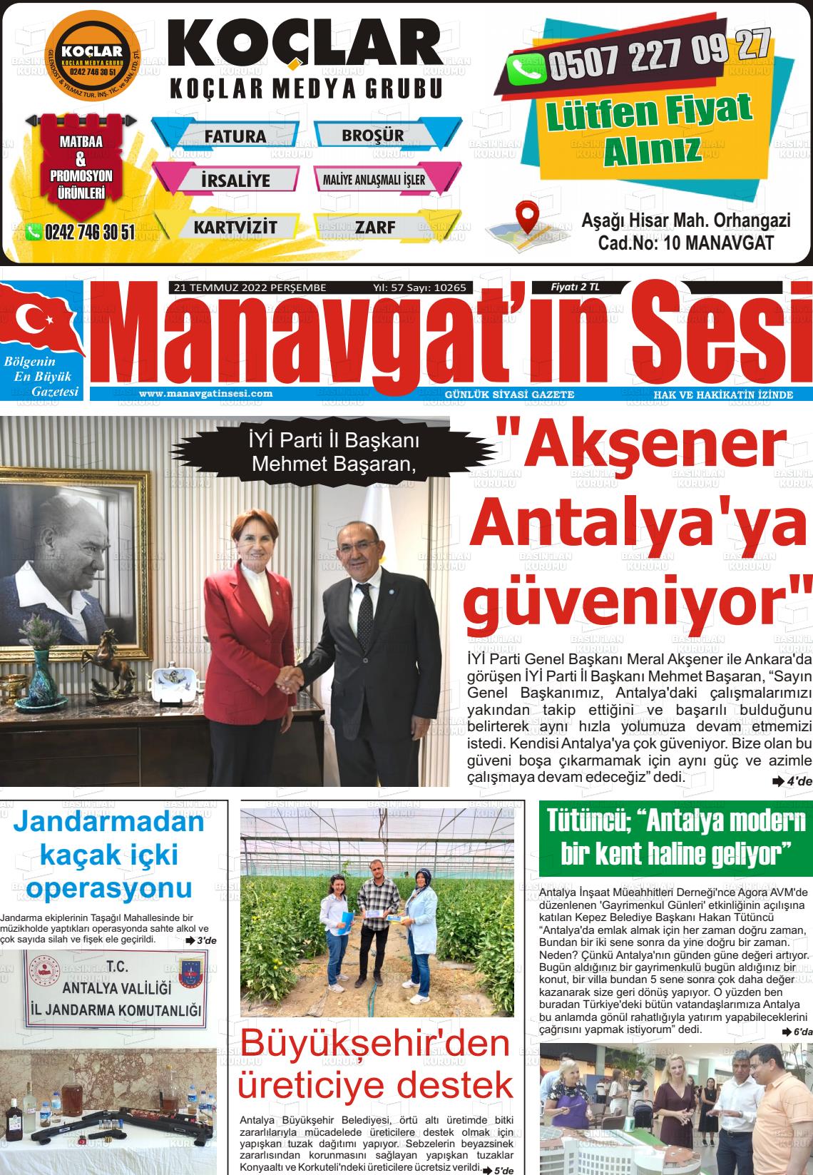 18 Eylül 2022 Manavgat'ın Sesi Gazete Manşeti