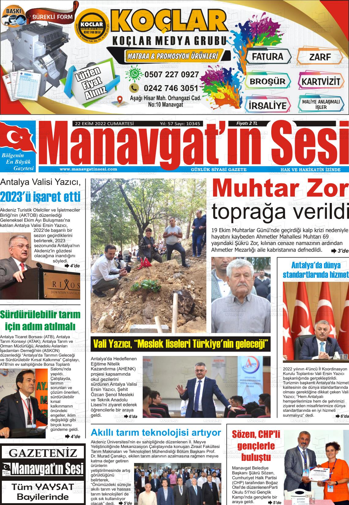 22 Ekim 2022 Manavgat'ın Sesi Gazete Manşeti