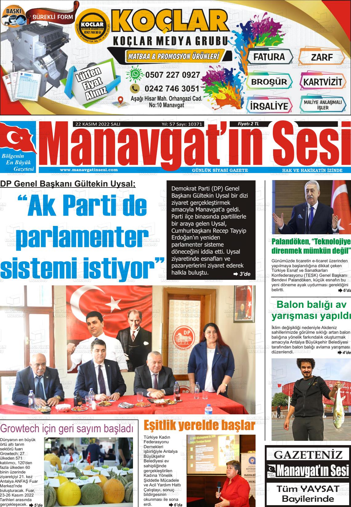 22 Kasım 2022 Manavgat'ın Sesi Gazete Manşeti