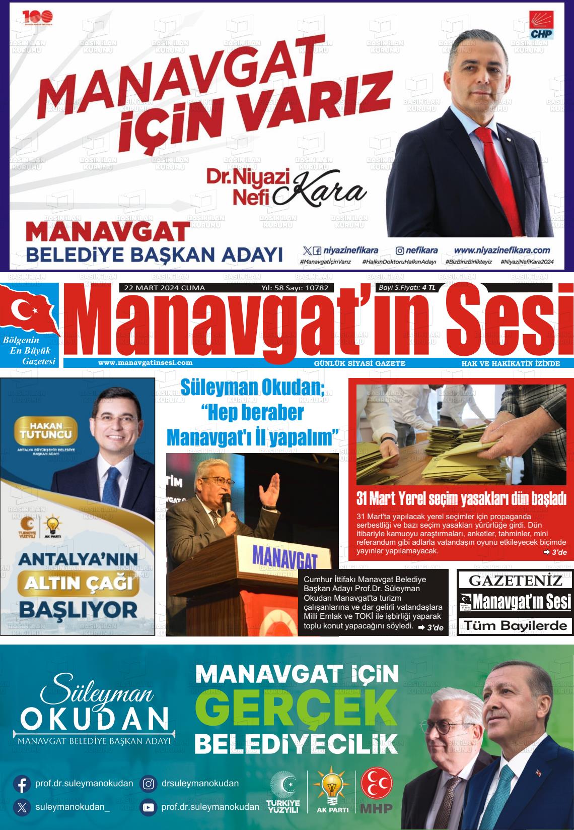 22 Mart 2024 Manavgat'ın Sesi Gazete Manşeti