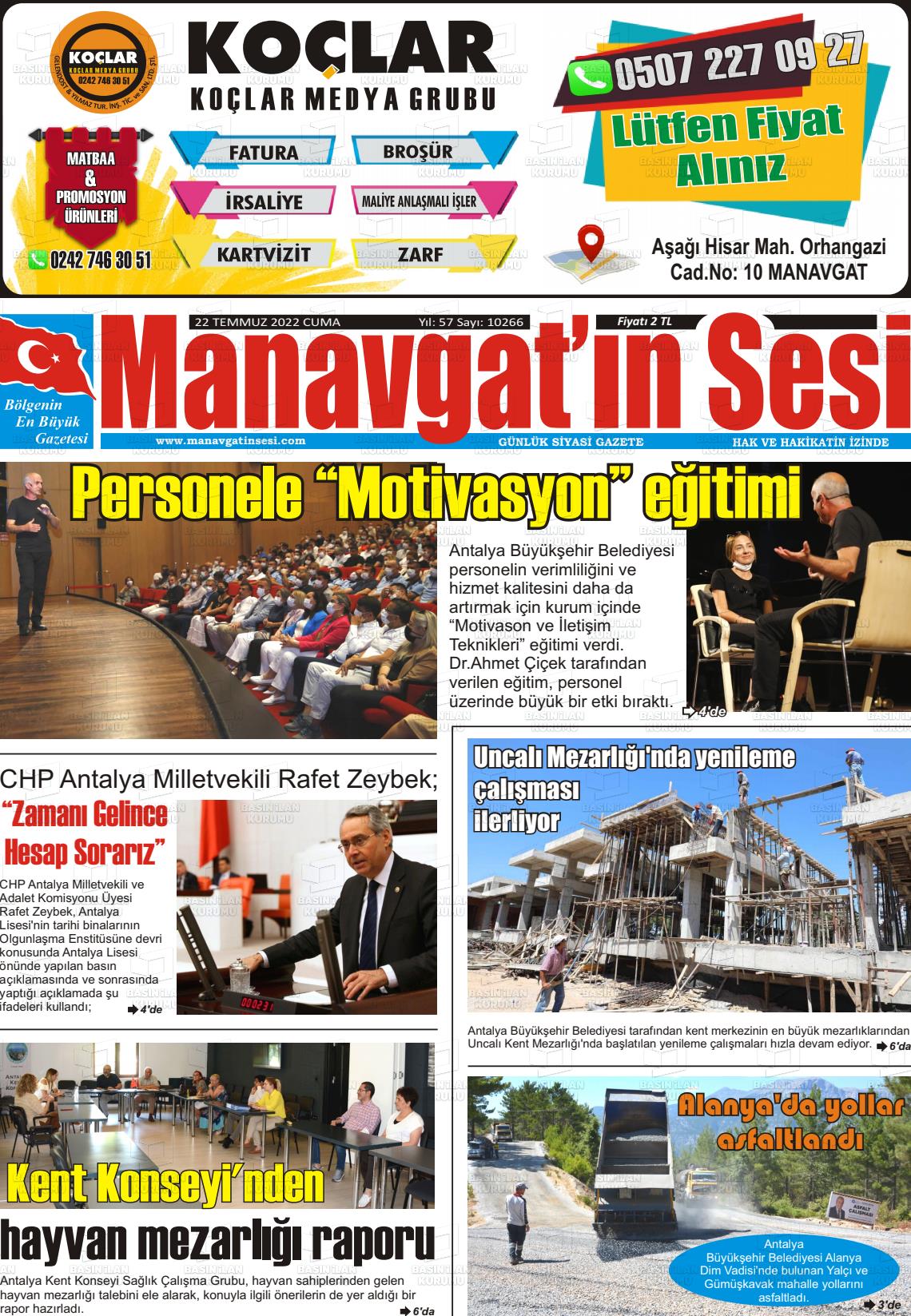 19 Eylül 2022 Manavgat'ın Sesi Gazete Manşeti