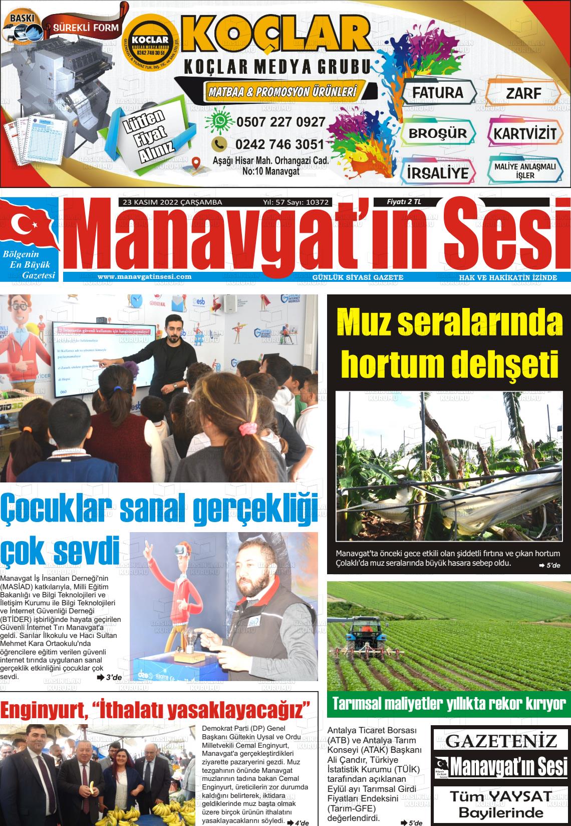 23 Kasım 2022 Manavgat'ın Sesi Gazete Manşeti