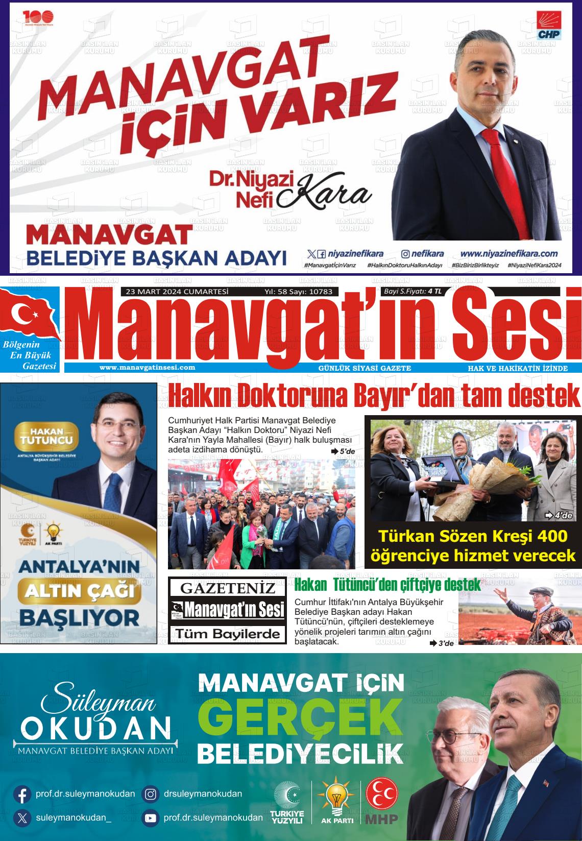 23 Mart 2024 Manavgat'ın Sesi Gazete Manşeti