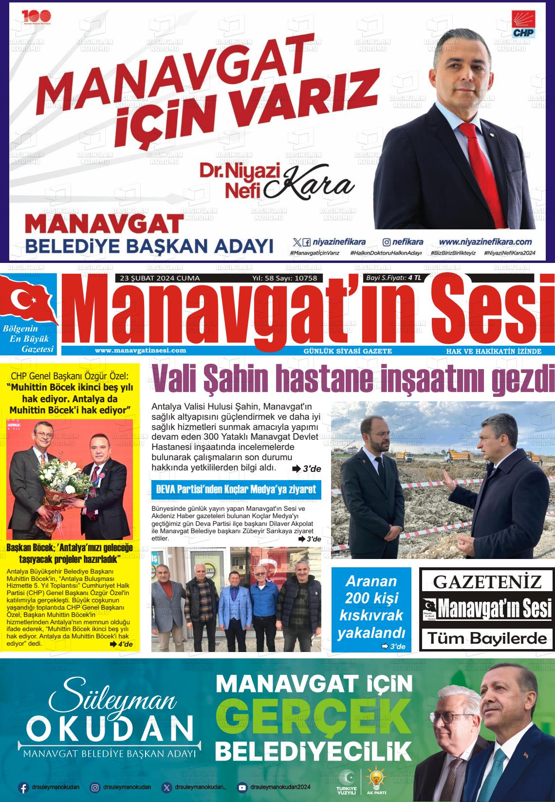 23 Şubat 2024 Manavgat'ın Sesi Gazete Manşeti