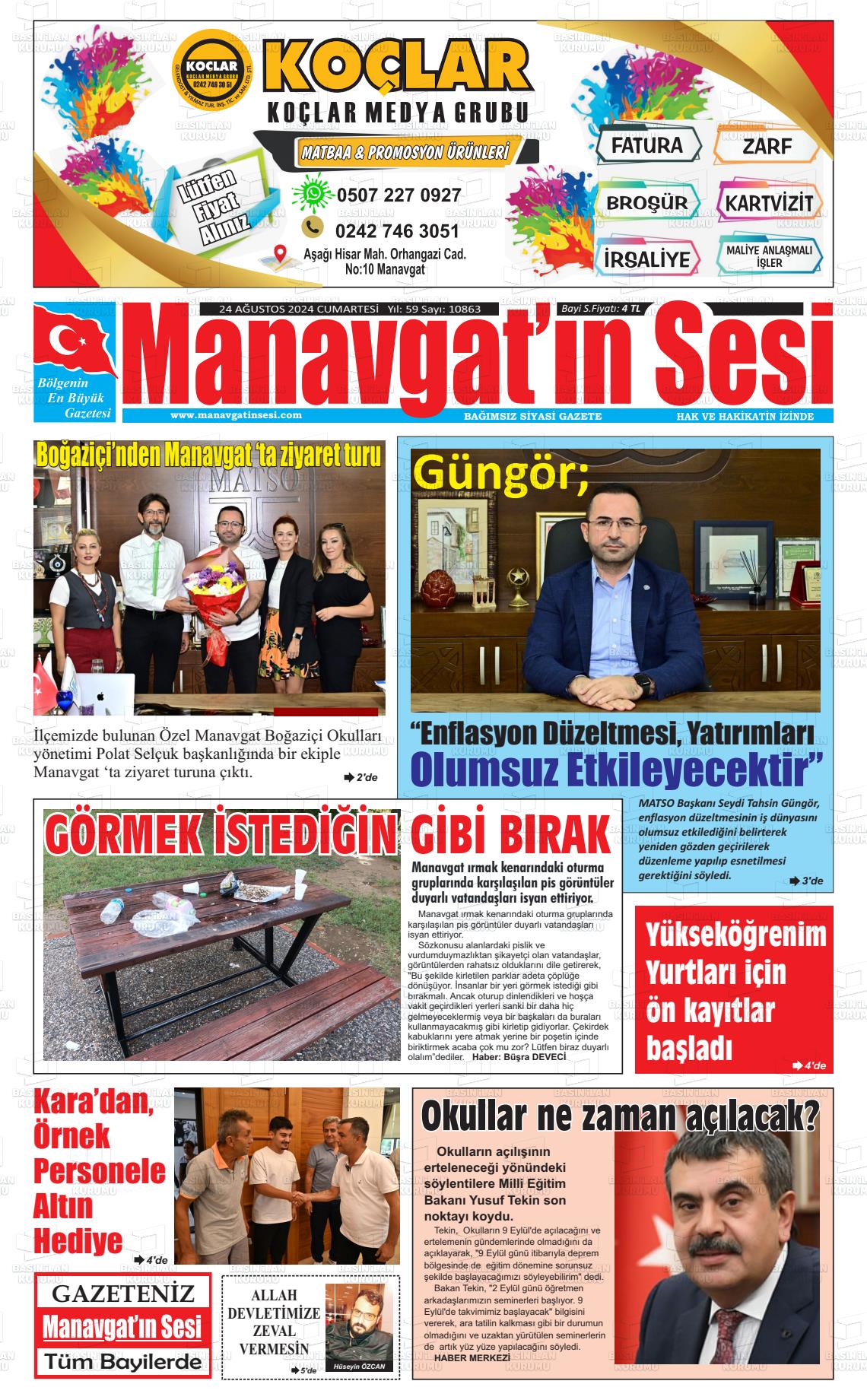 24 Ağustos 2024 Manavgat'ın Sesi Gazete Manşeti