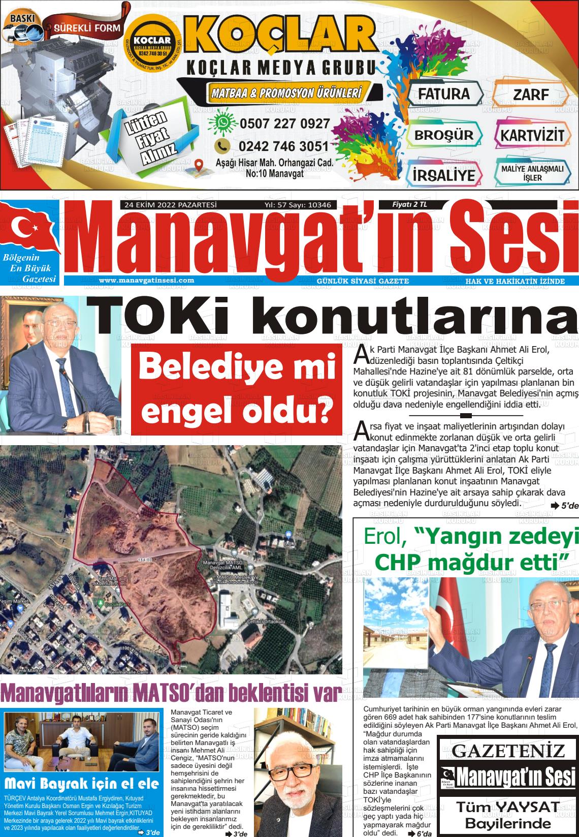 24 Ekim 2022 Manavgat'ın Sesi Gazete Manşeti