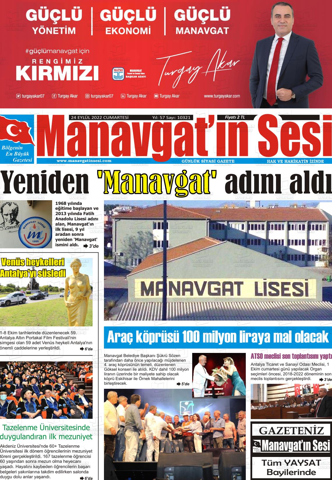 24 Eylül 2022 Manavgat'ın Sesi Gazete Manşeti