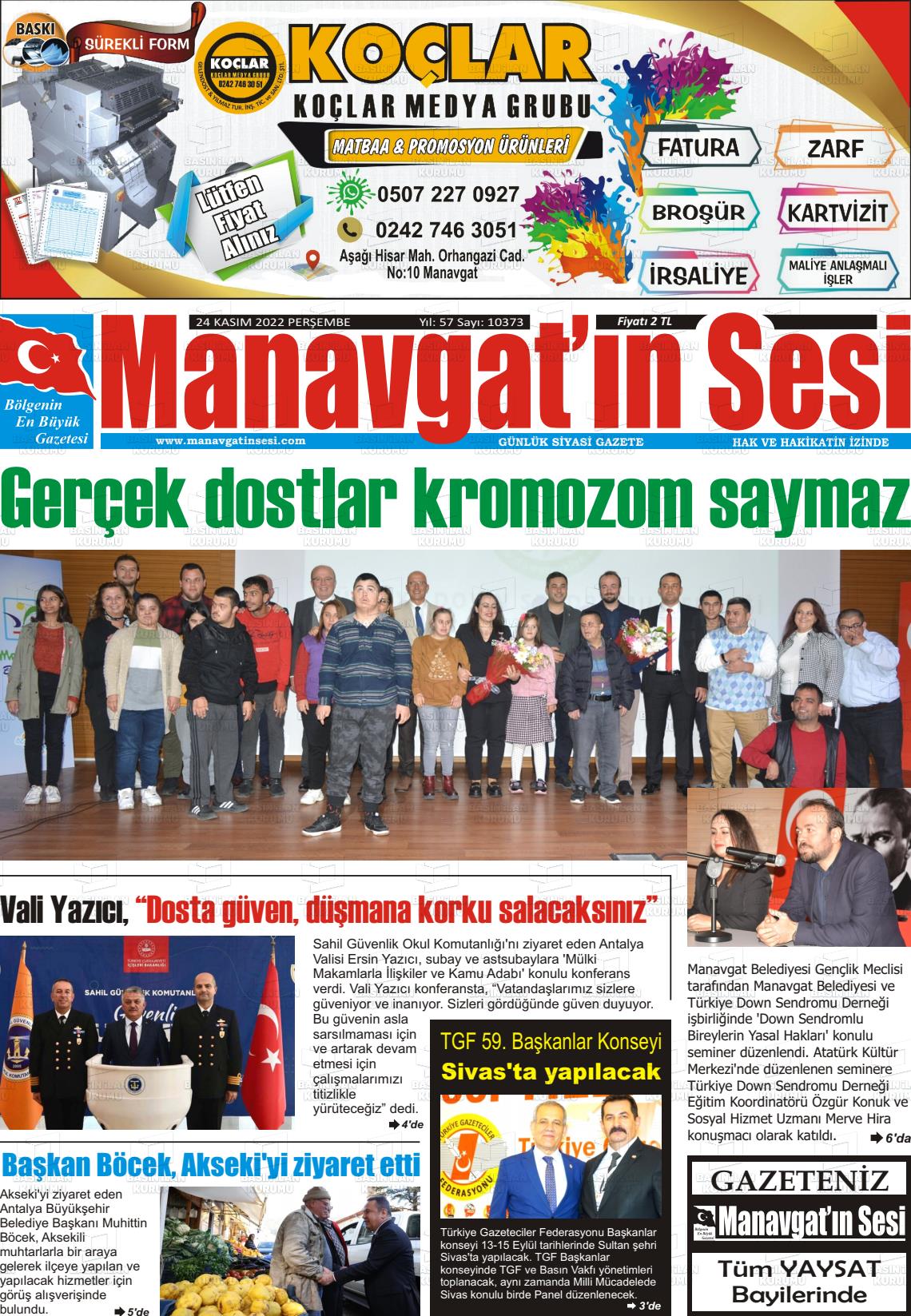 24 Kasım 2022 Manavgat'ın Sesi Gazete Manşeti