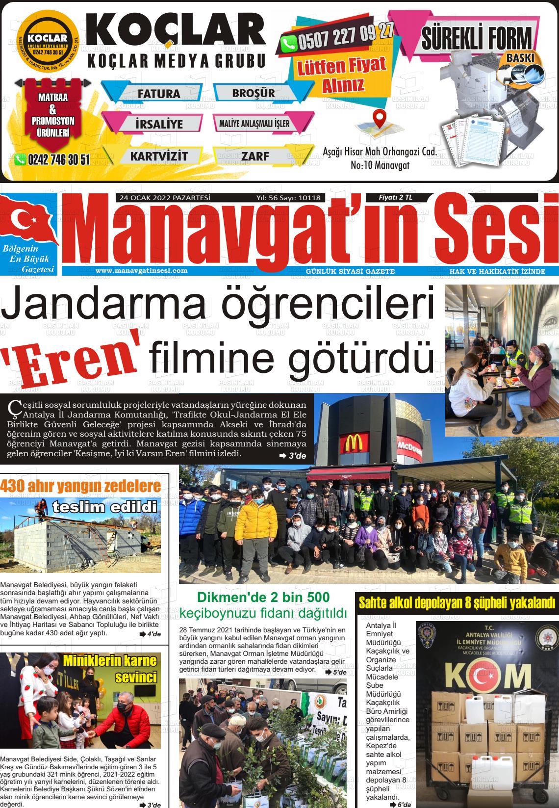 24 Ocak 2022 Manavgat'ın Sesi Gazete Manşeti