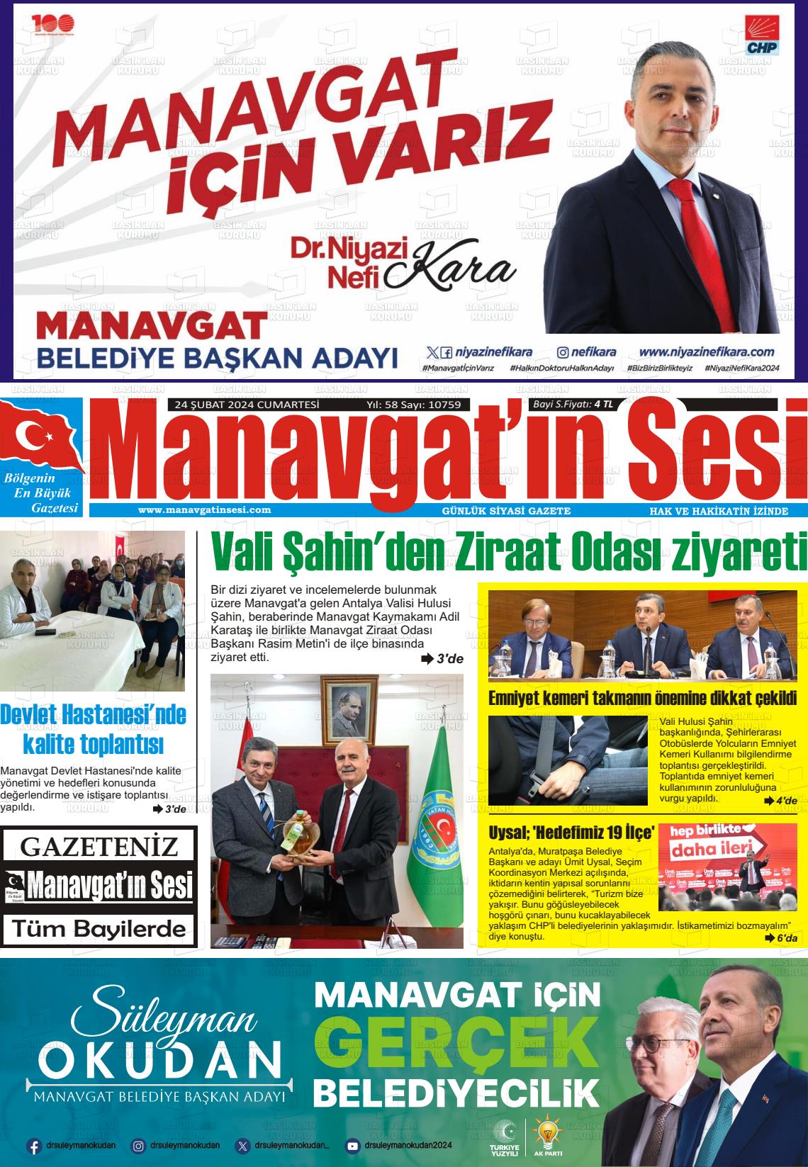 24 Şubat 2024 Manavgat'ın Sesi Gazete Manşeti