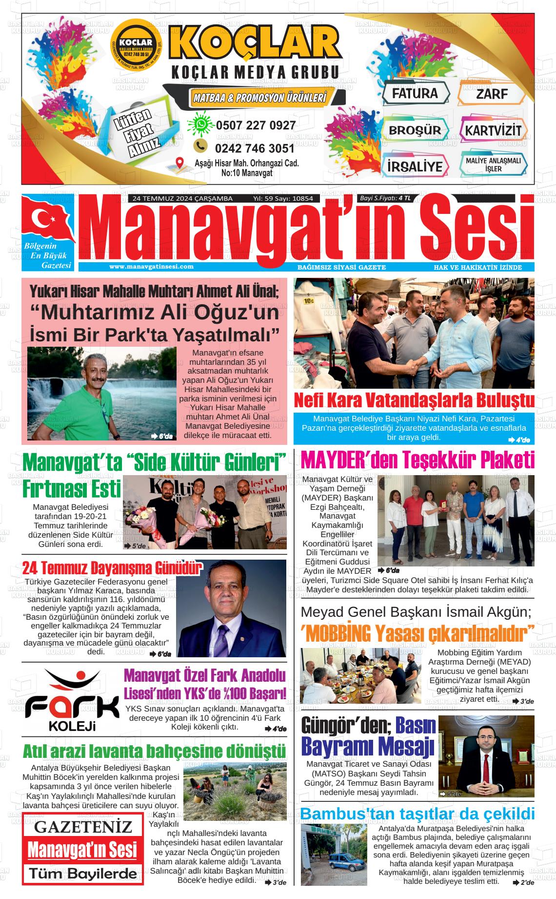 24 Temmuz 2024 Manavgat'ın Sesi Gazete Manşeti