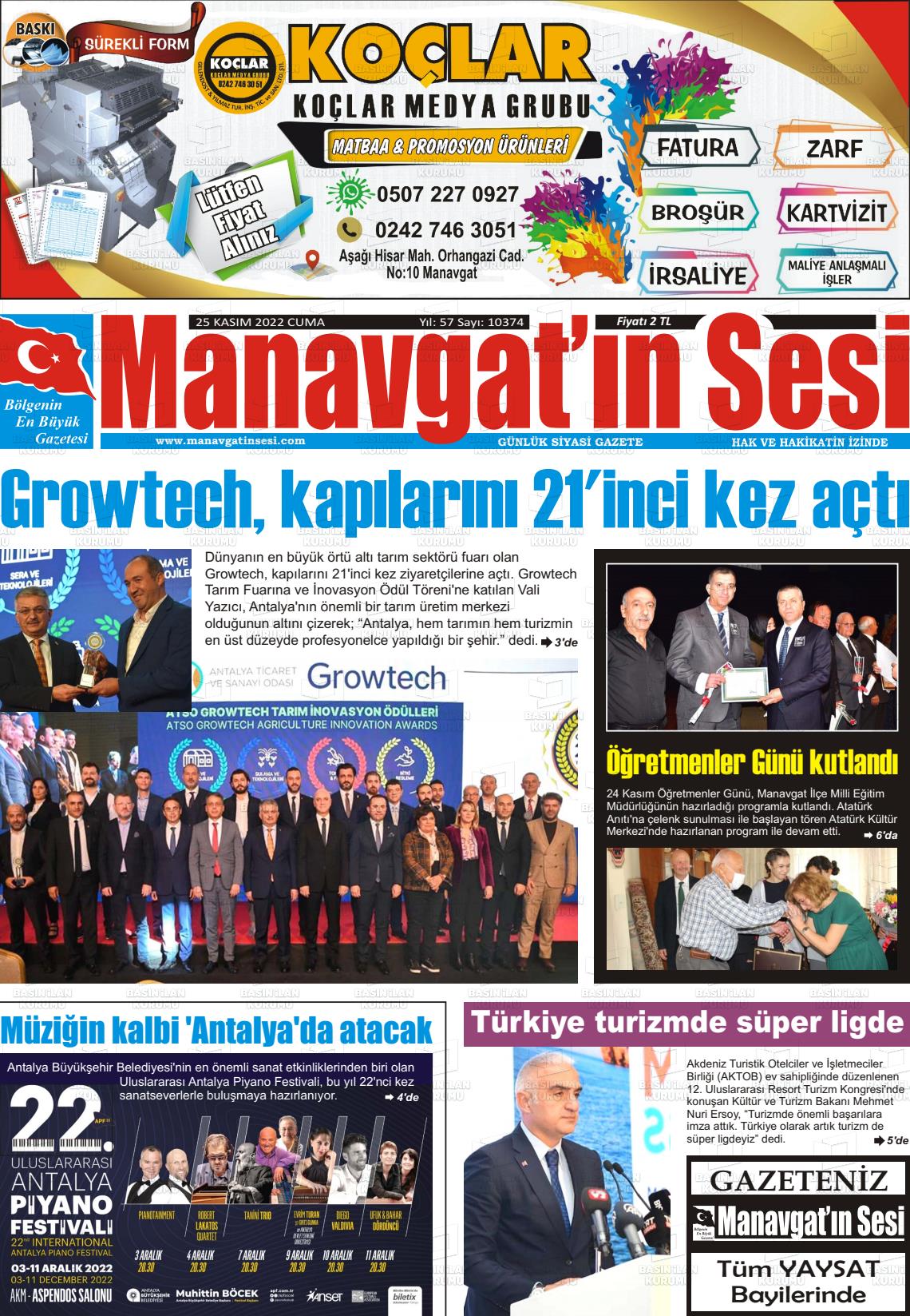 25 Kasım 2022 Manavgat'ın Sesi Gazete Manşeti