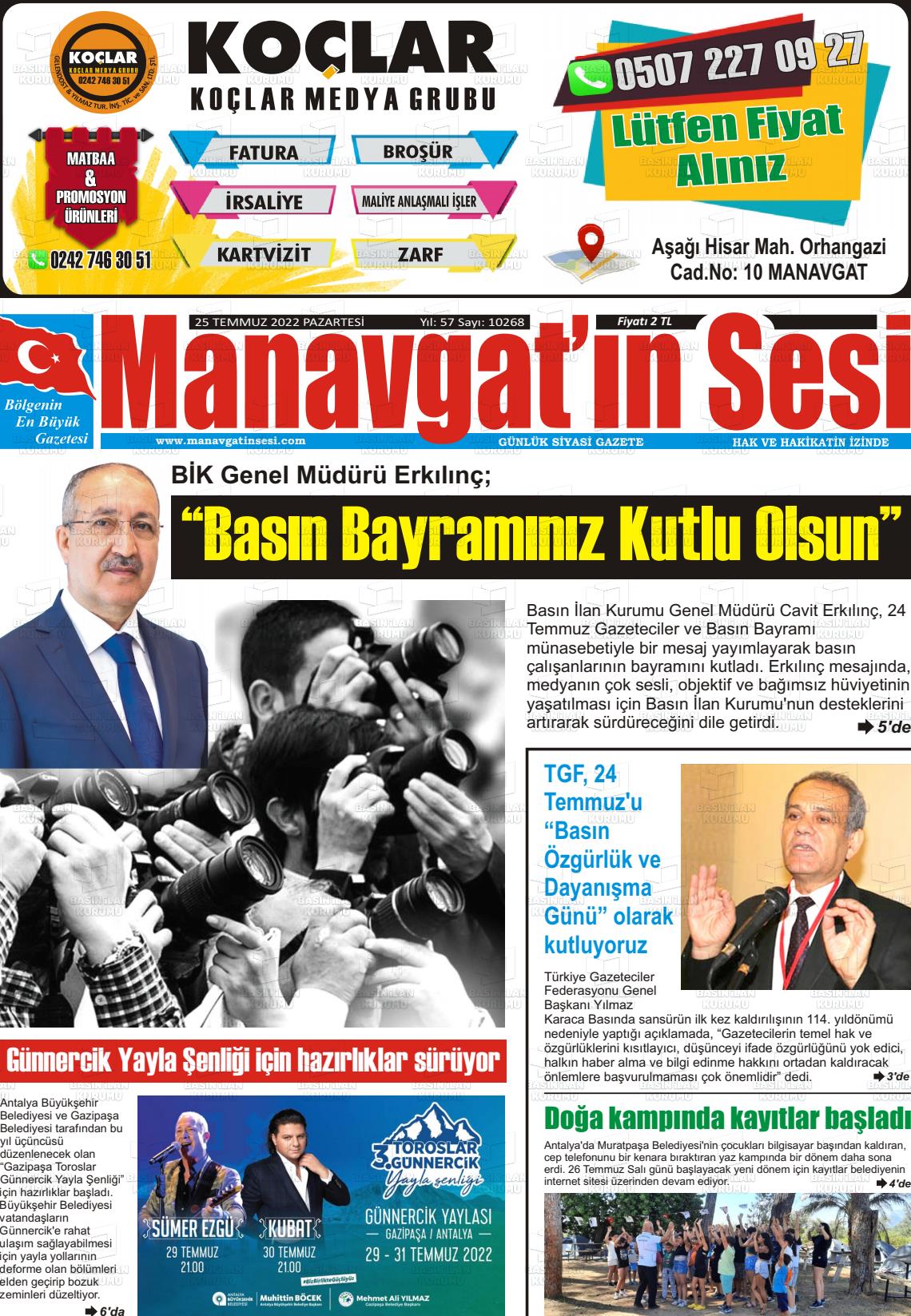 22 Eylül 2022 Manavgat'ın Sesi Gazete Manşeti