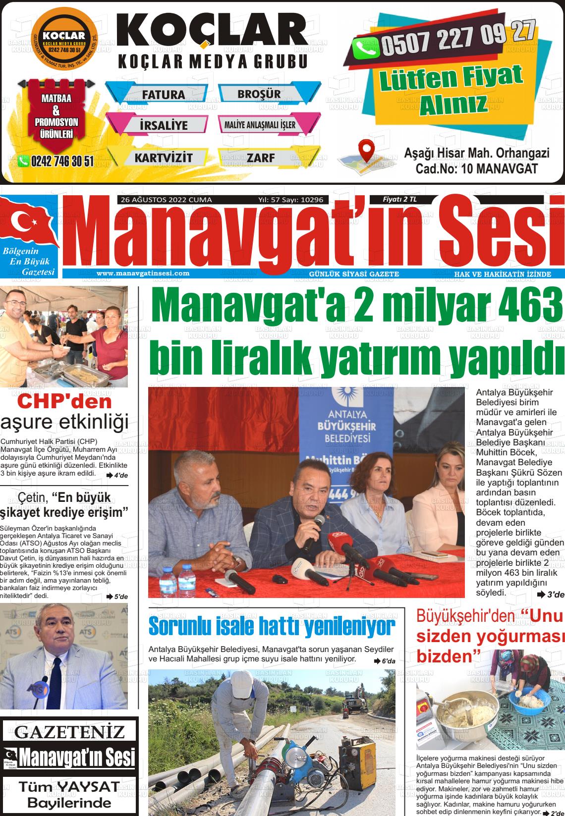 26 Ağustos 2022 Manavgat'ın Sesi Gazete Manşeti