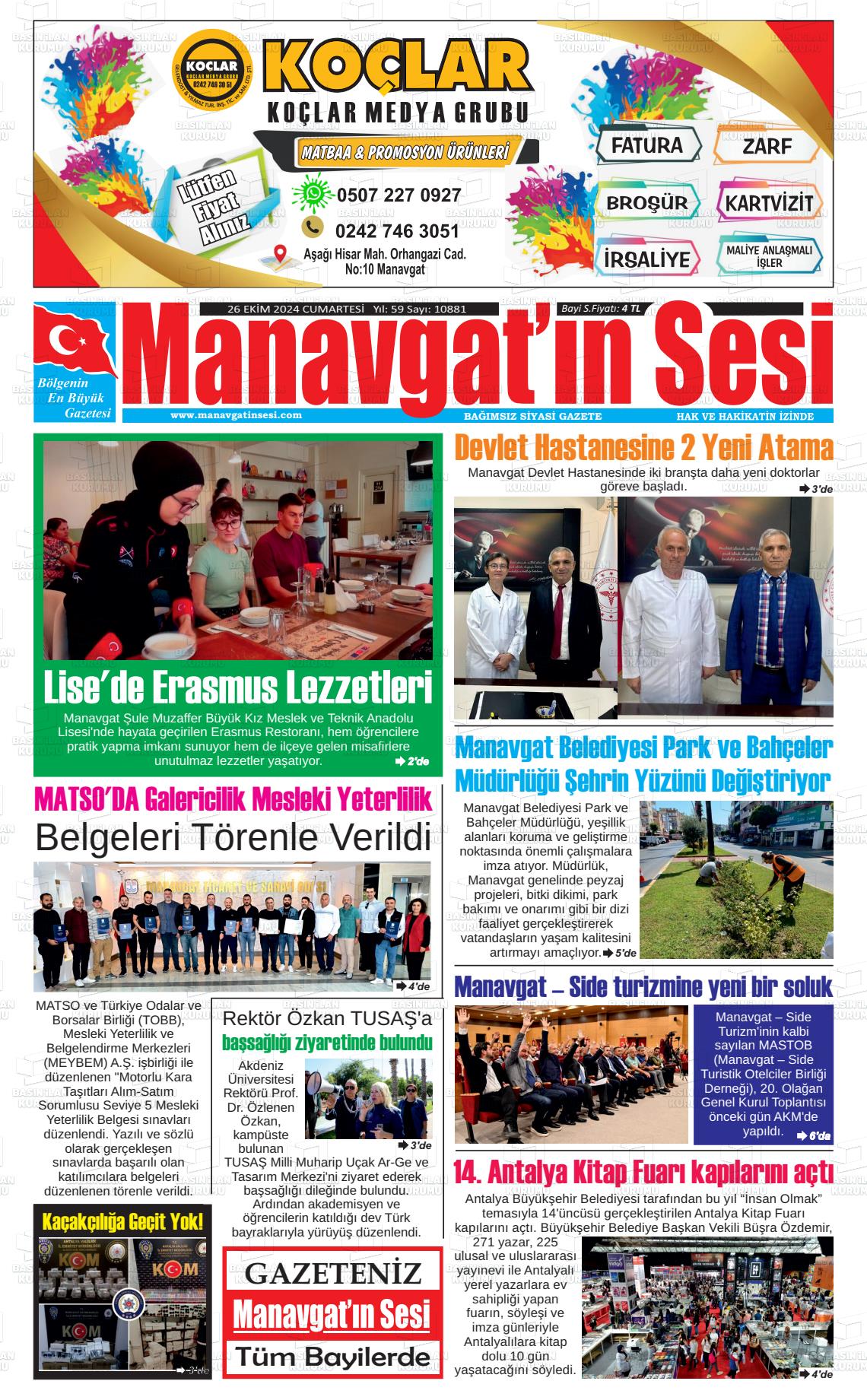 26 Ekim 2024 Manavgat'ın Sesi Gazete Manşeti