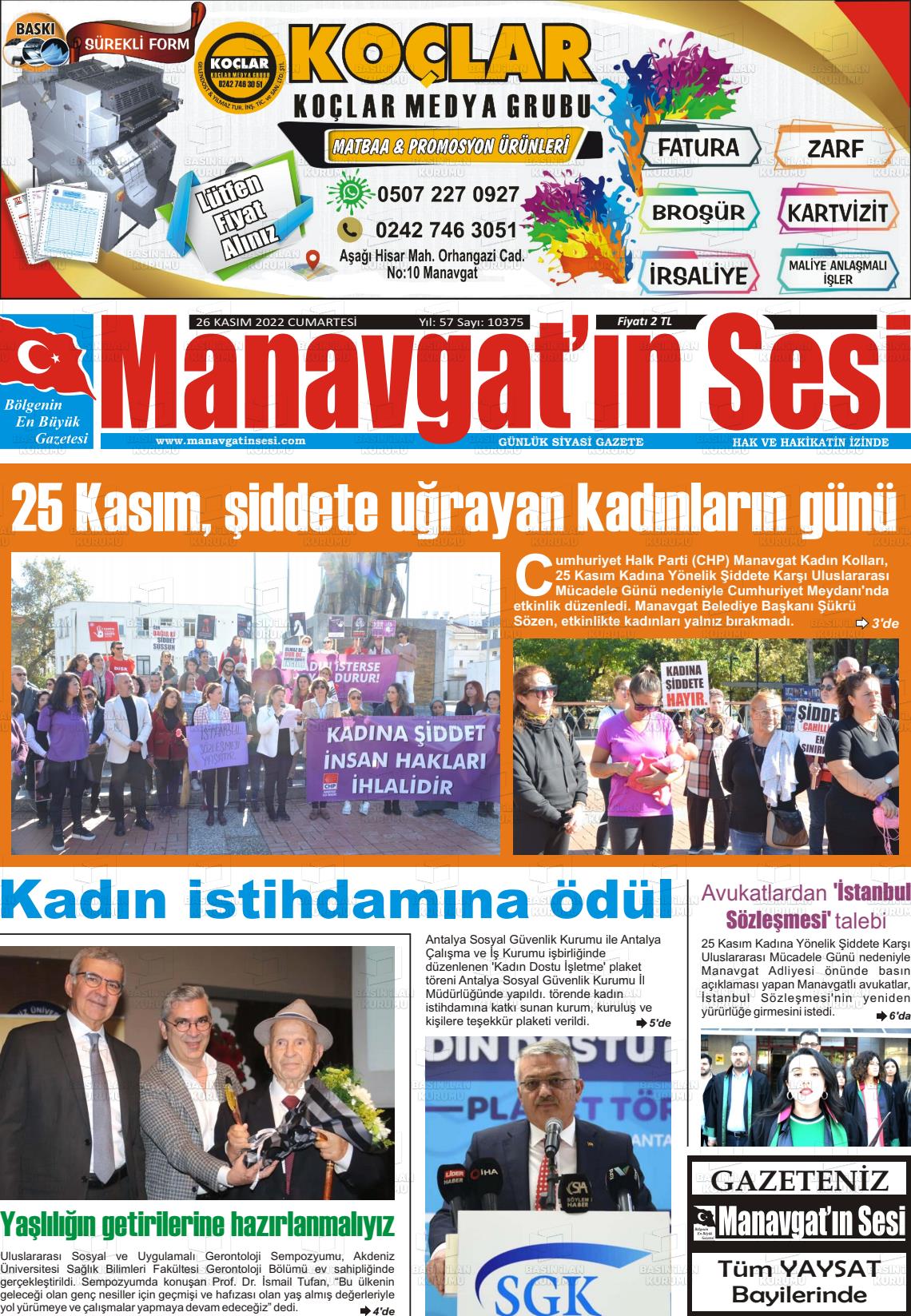 26 Kasım 2022 Manavgat'ın Sesi Gazete Manşeti