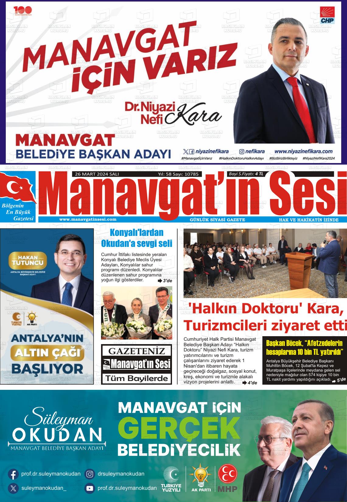 26 Mart 2024 Manavgat'ın Sesi Gazete Manşeti