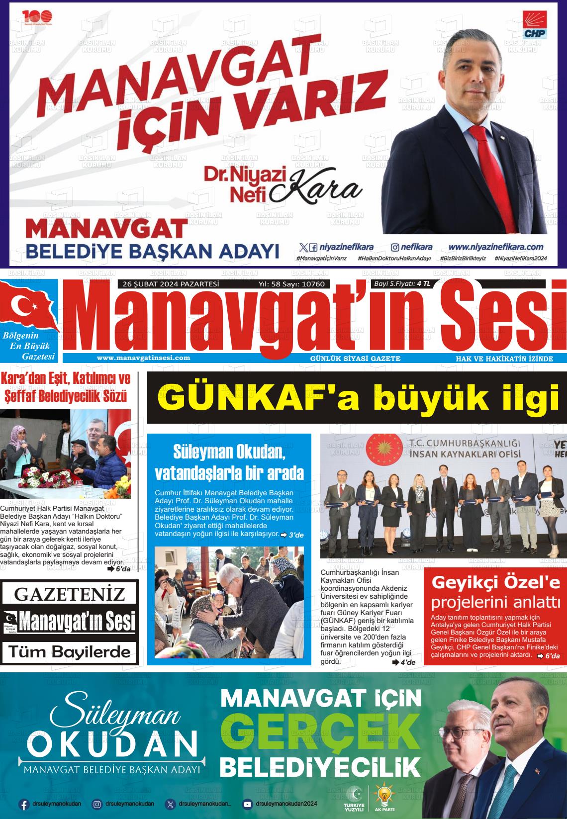 26 Şubat 2024 Manavgat'ın Sesi Gazete Manşeti