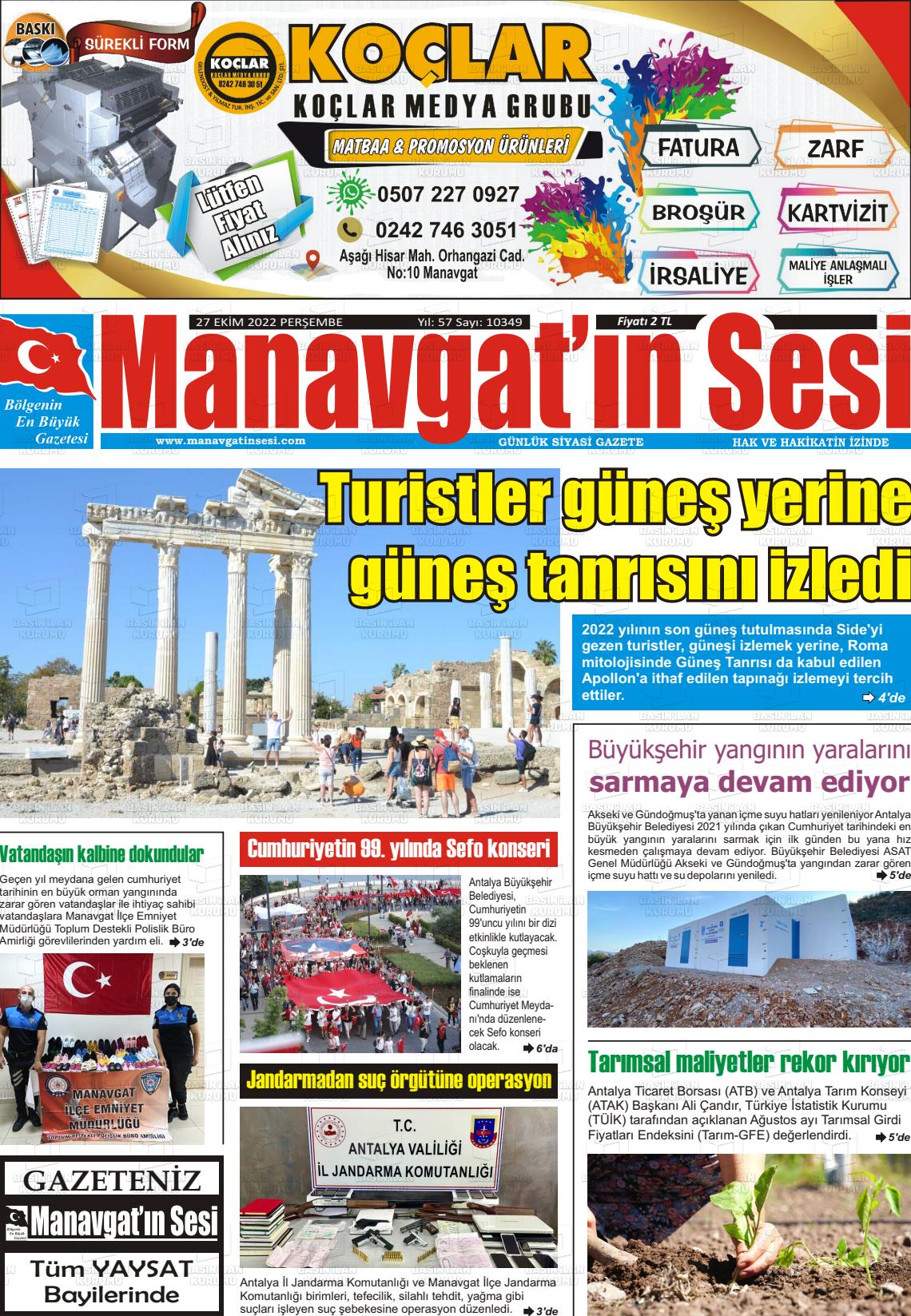 27 Ekim 2022 Manavgat'ın Sesi Gazete Manşeti