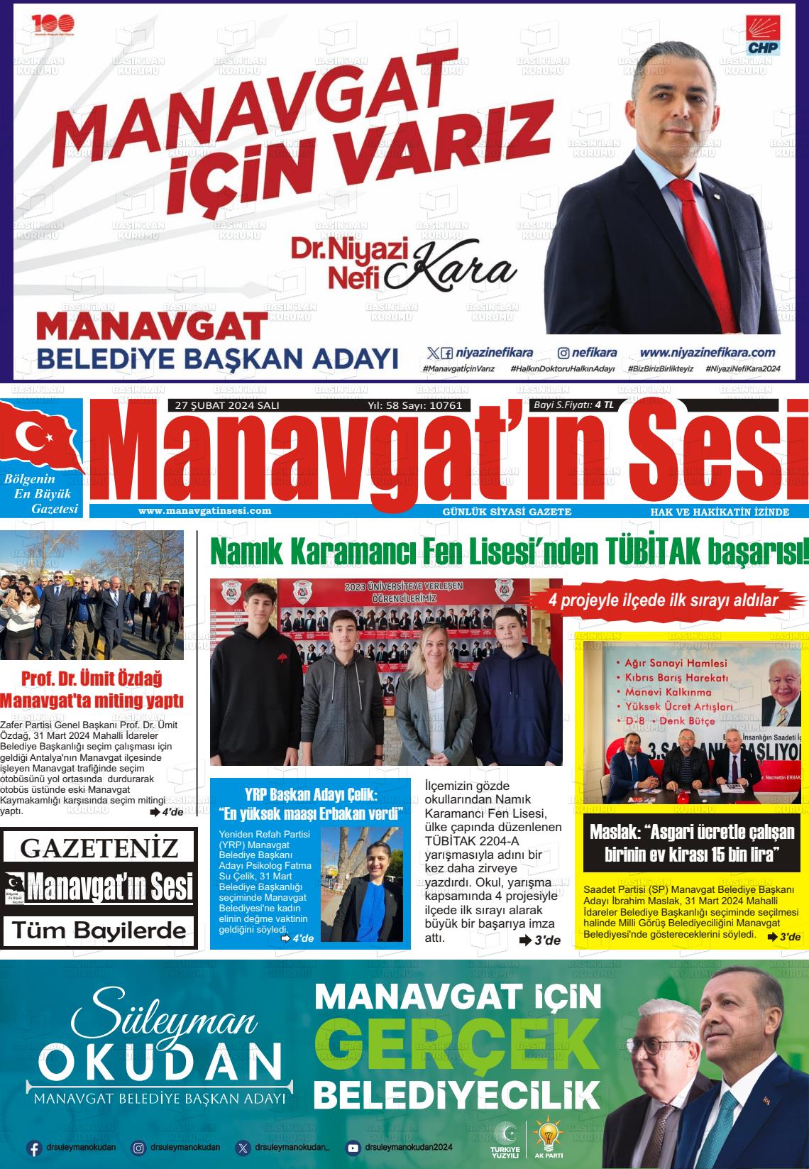 27 Şubat 2024 Manavgat'ın Sesi Gazete Manşeti