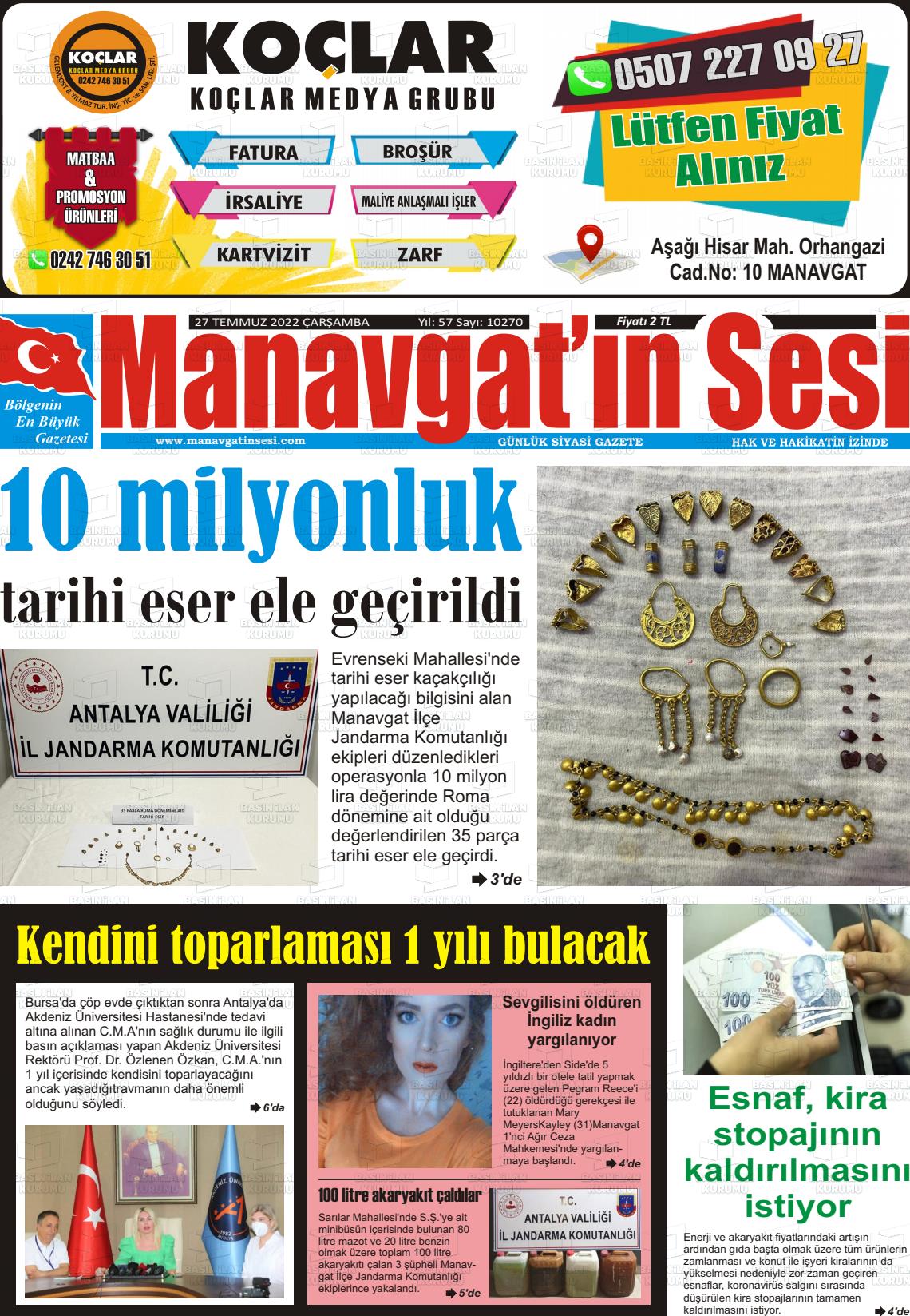 27 Temmuz 2022 Manavgat'ın Sesi Gazete Manşeti