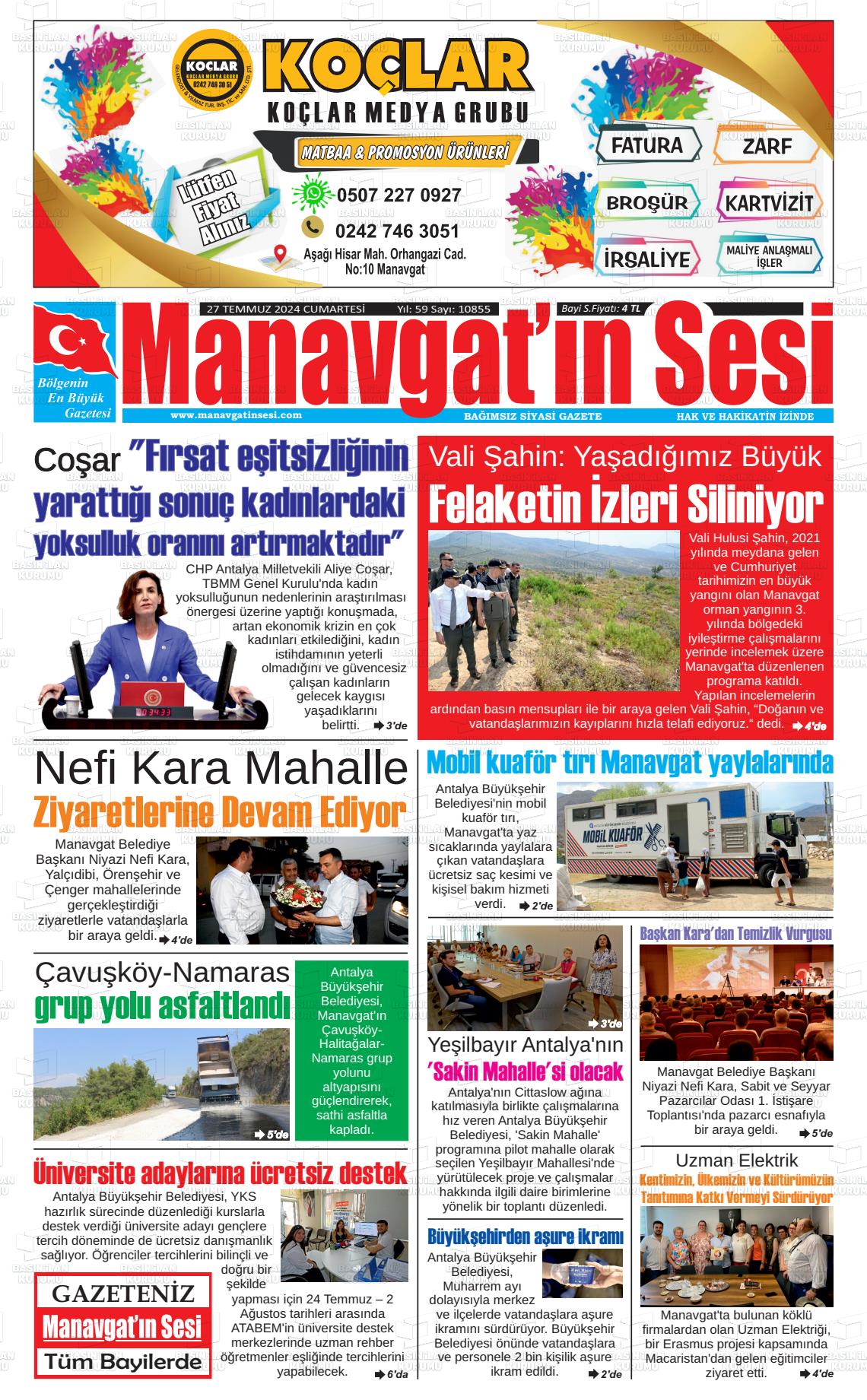 27 Temmuz 2024 Manavgat'ın Sesi Gazete Manşeti