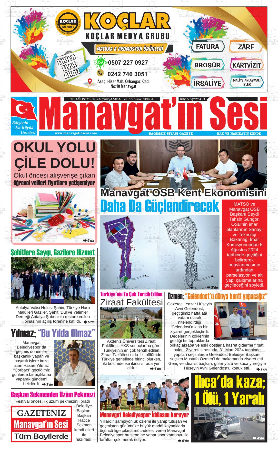 28 Ağustos 2024 Manavgat'ın Sesi Gazete Manşeti