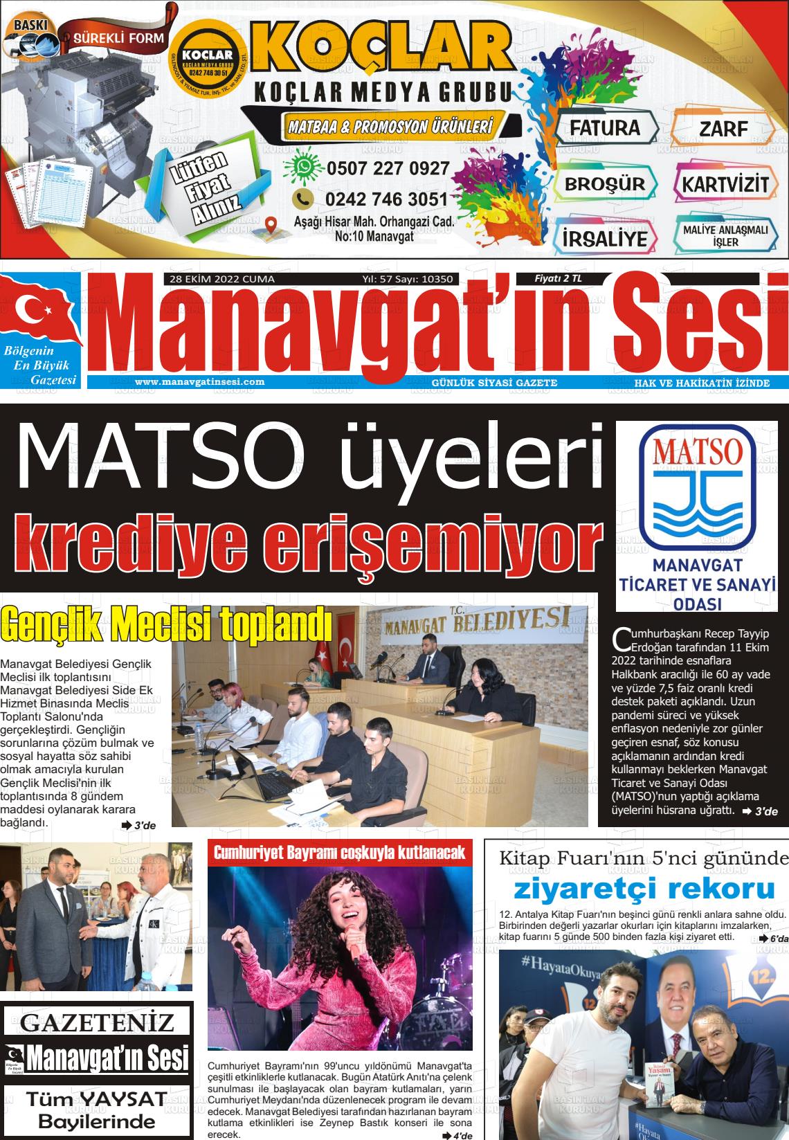 28 Ekim 2022 Manavgat'ın Sesi Gazete Manşeti