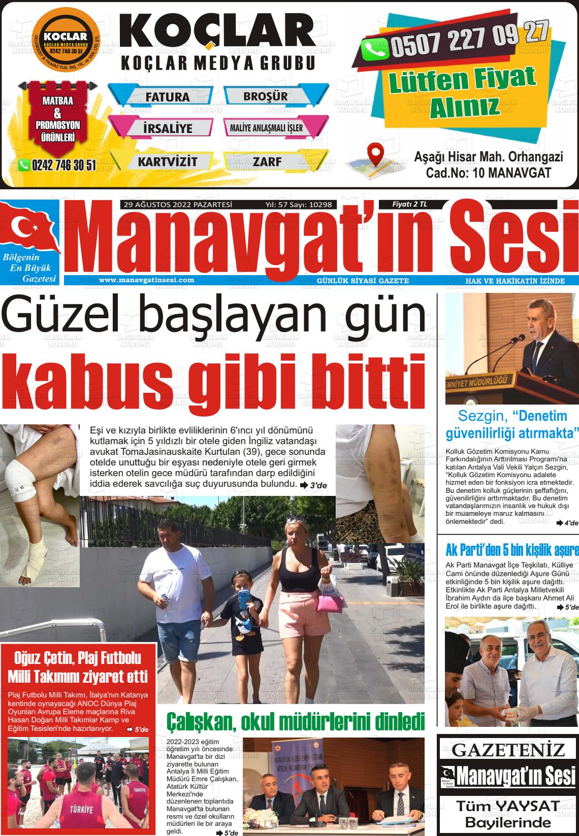 29 Ağustos 2022 Manavgat'ın Sesi Gazete Manşeti