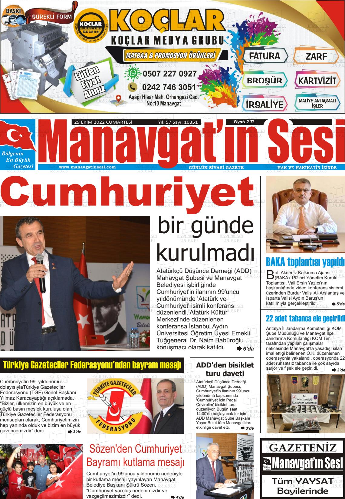 30 Ekim 2022 Manavgat'ın Sesi Gazete Manşeti