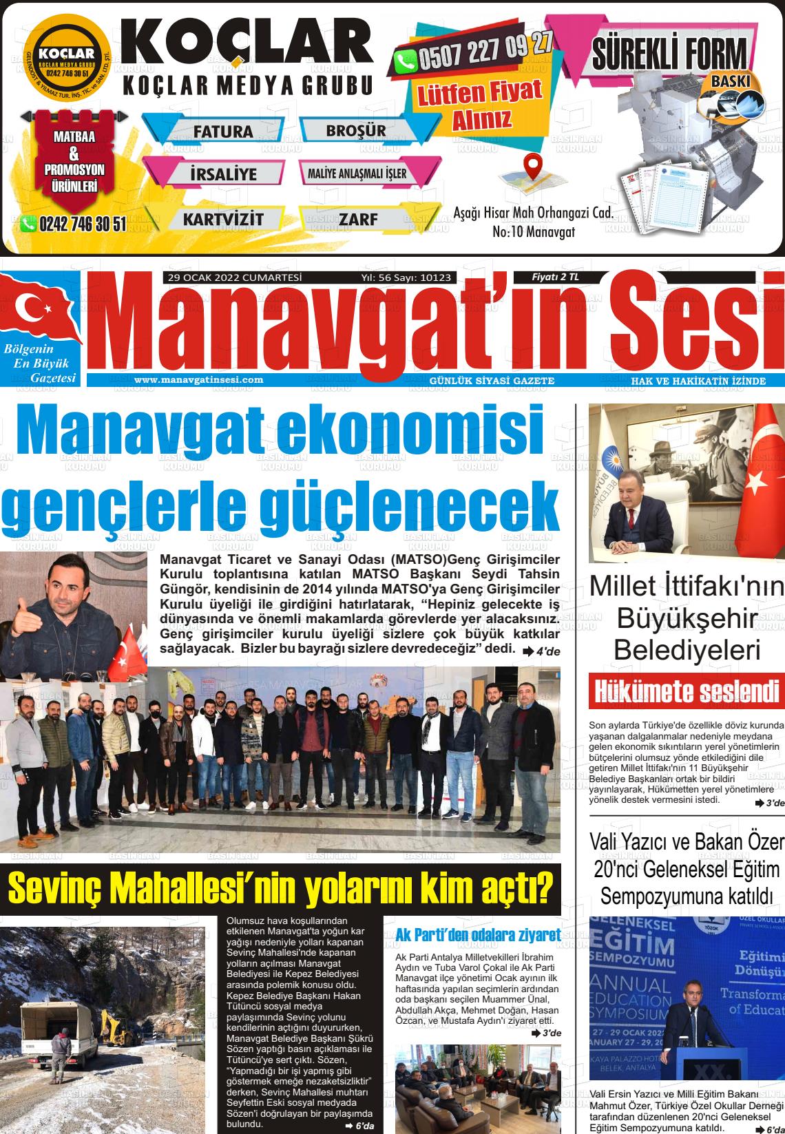 29 Ocak 2022 Manavgat'ın Sesi Gazete Manşeti