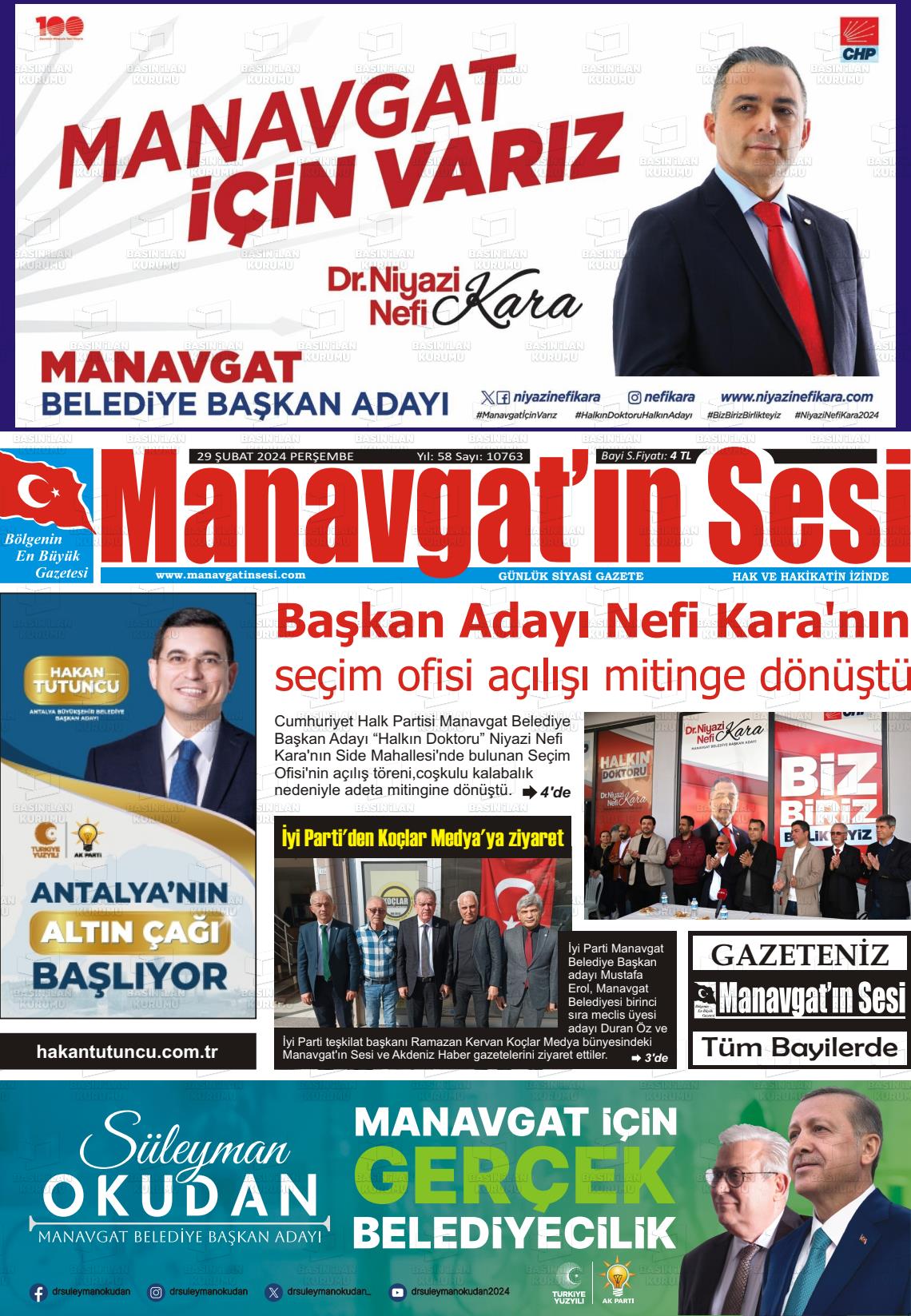 29 Şubat 2024 Manavgat'ın Sesi Gazete Manşeti