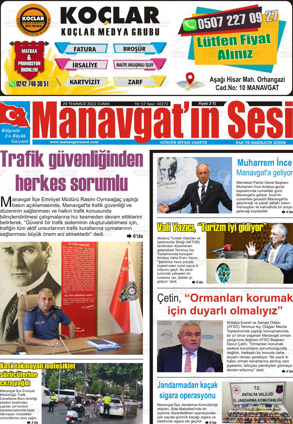 29 Temmuz 2022 Manavgat'ın Sesi Gazete Manşeti