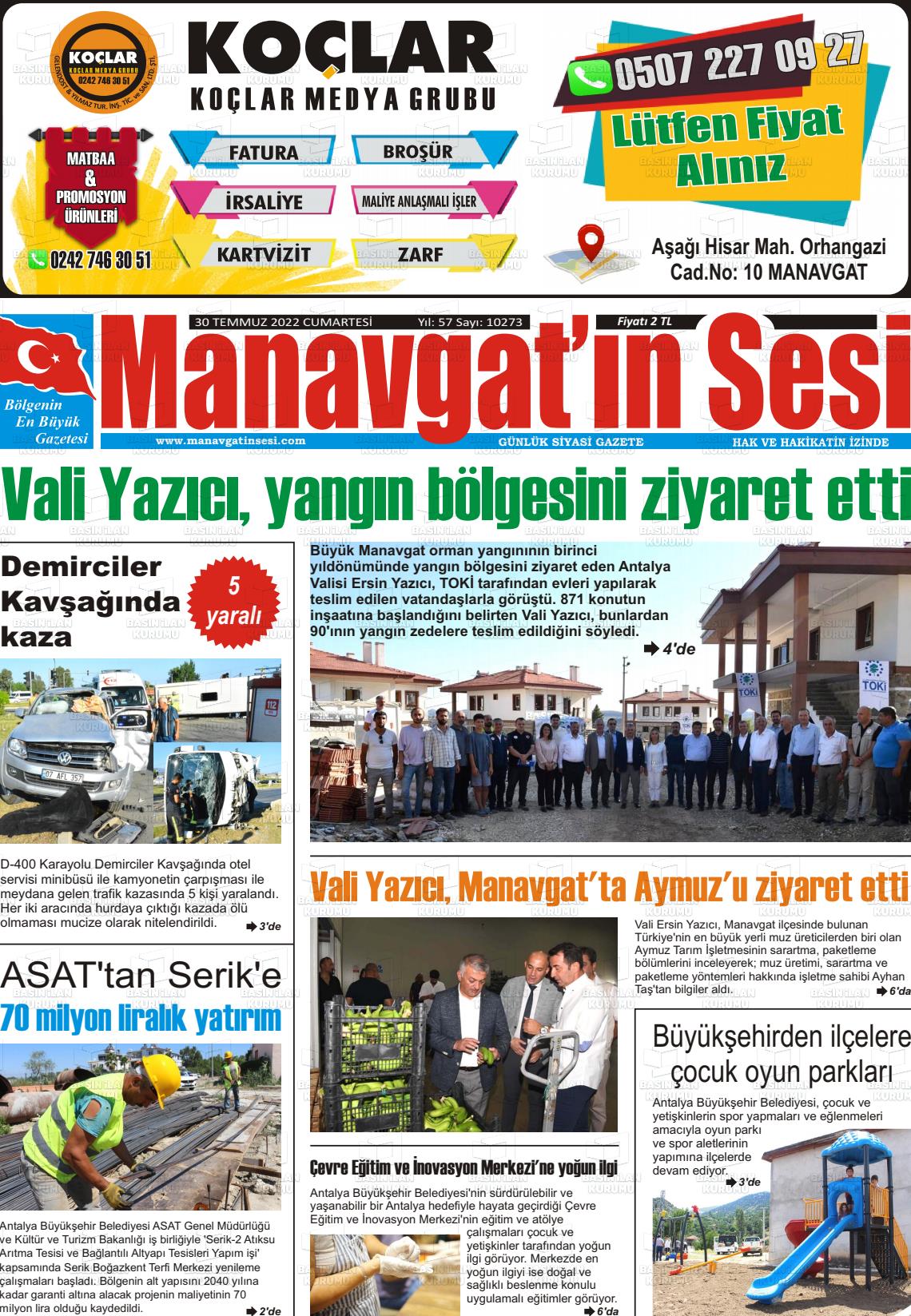 30 Temmuz 2022 Manavgat'ın Sesi Gazete Manşeti