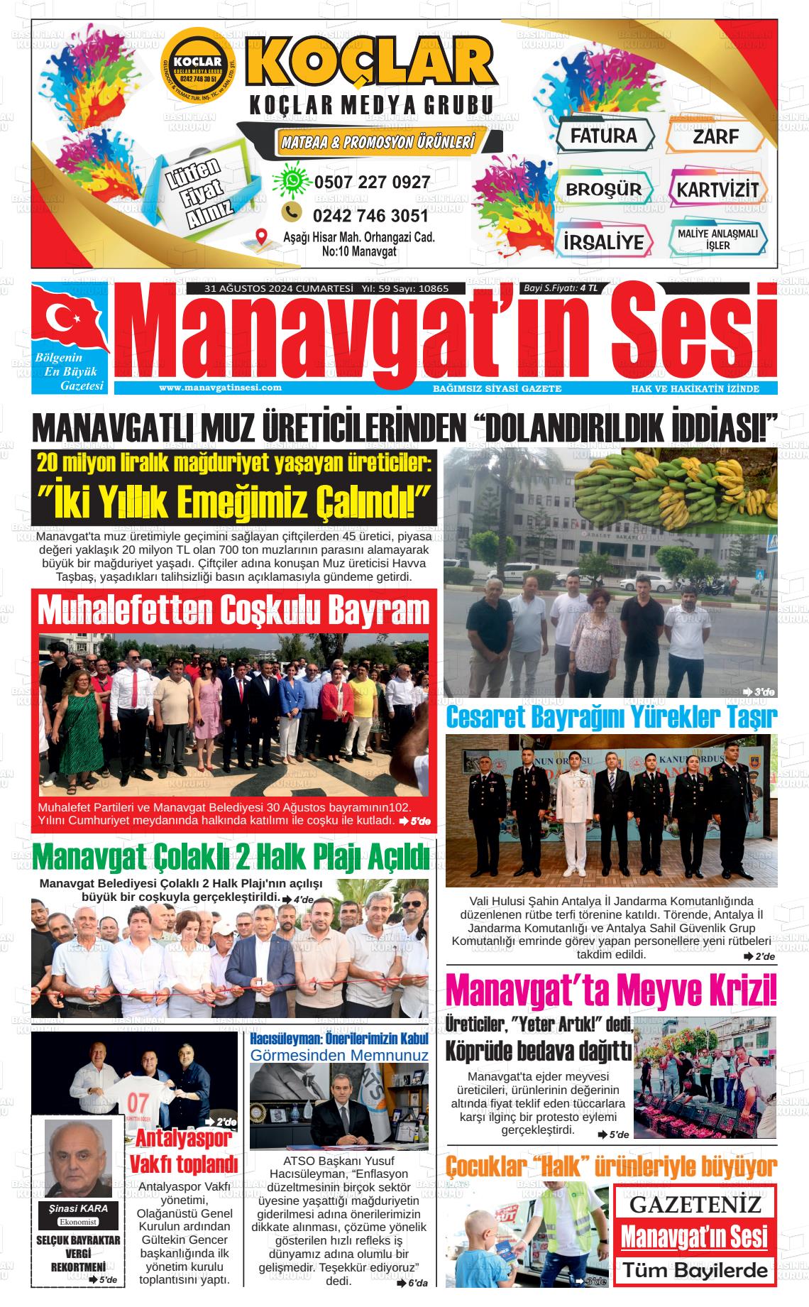 31 Ağustos 2024 Manavgat'ın Sesi Gazete Manşeti