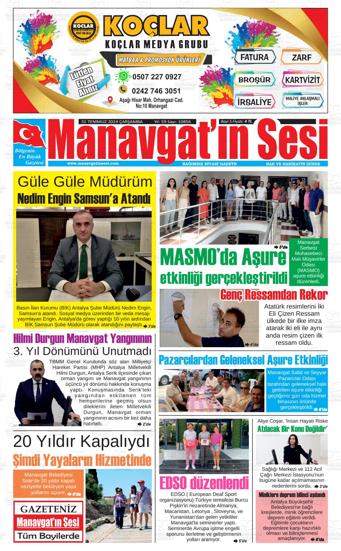 31 Temmuz 2024 Manavgat'ın Sesi Gazete Manşeti