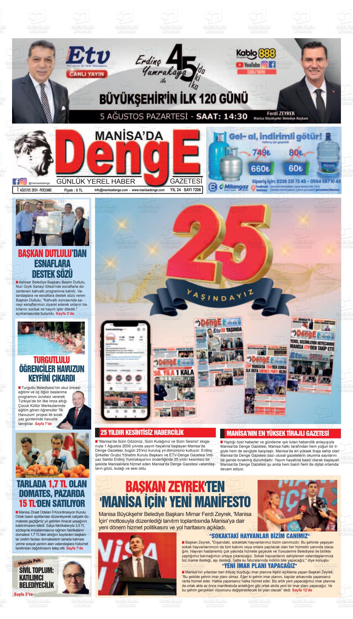 01 Ağustos 2024 Manisada Denge Gazete Manşeti