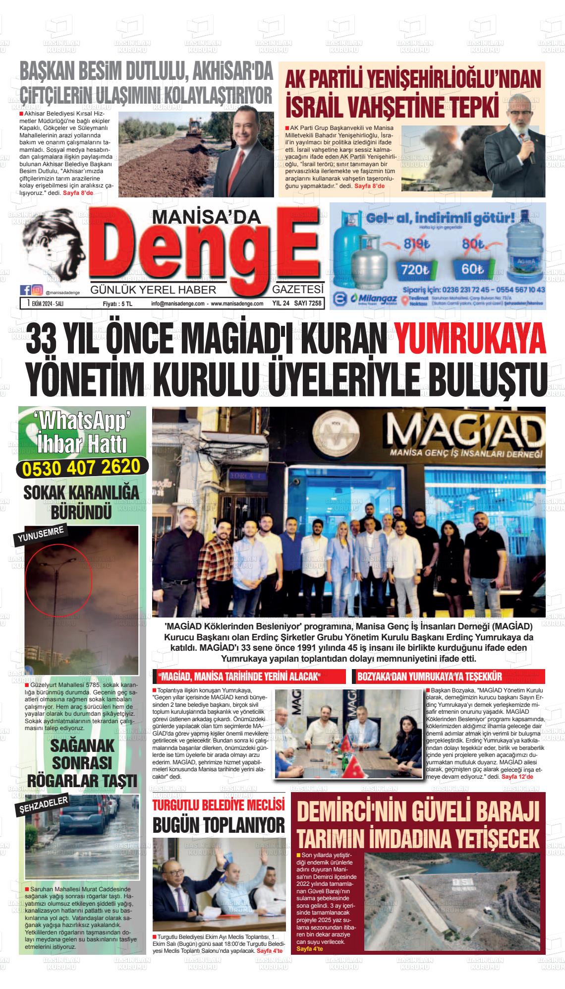 01 Ekim 2024 Manisada Denge Gazete Manşeti