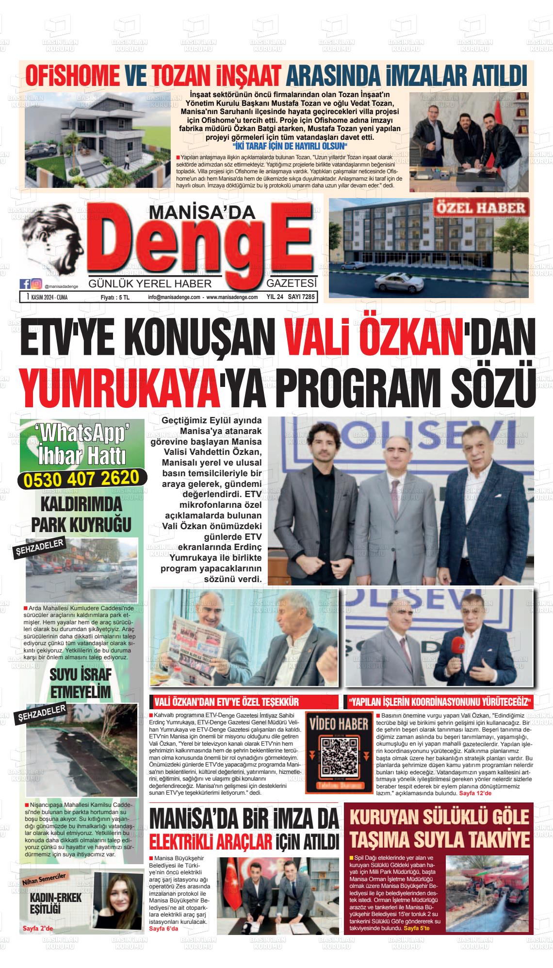 01 Kasım 2024 Manisada Denge Gazete Manşeti