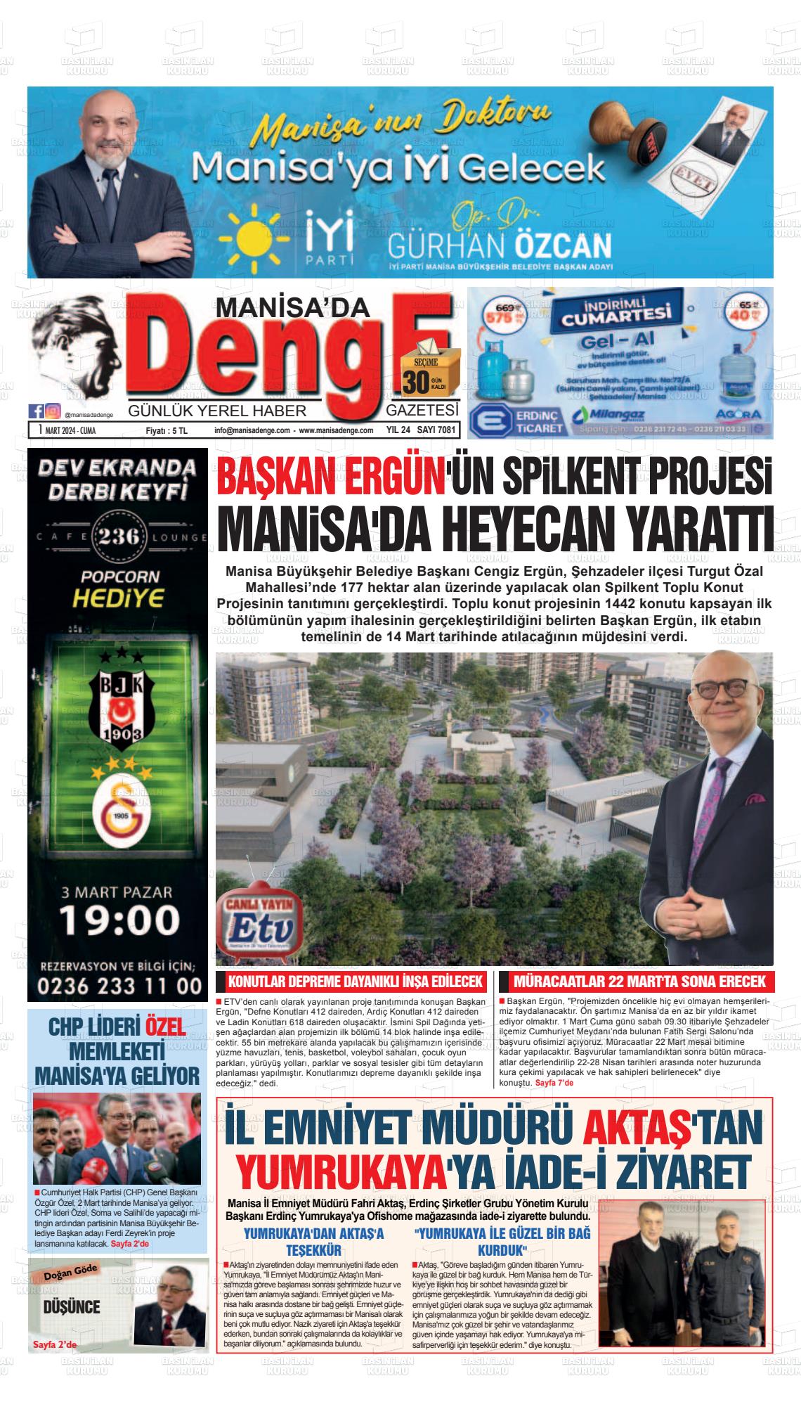 01 Mart 2024 Manisada Denge Gazete Manşeti