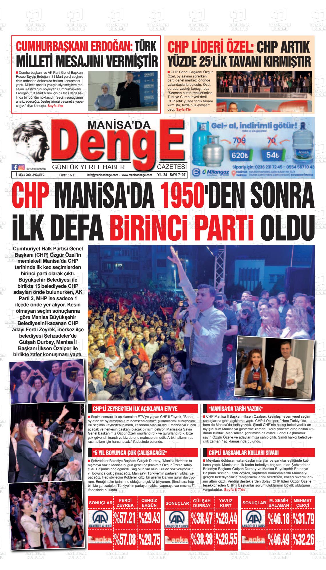 01 Nisan 2024 Manisada Denge Gazete Manşeti