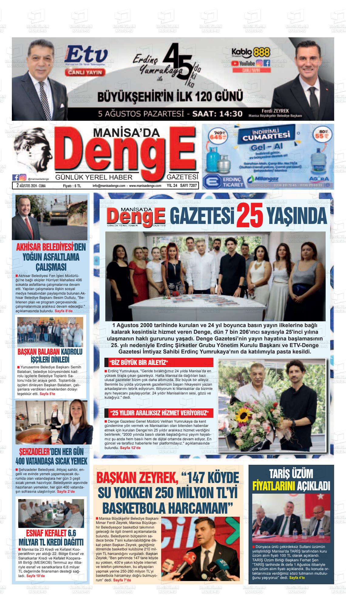 02 Ağustos 2024 Manisada Denge Gazete Manşeti