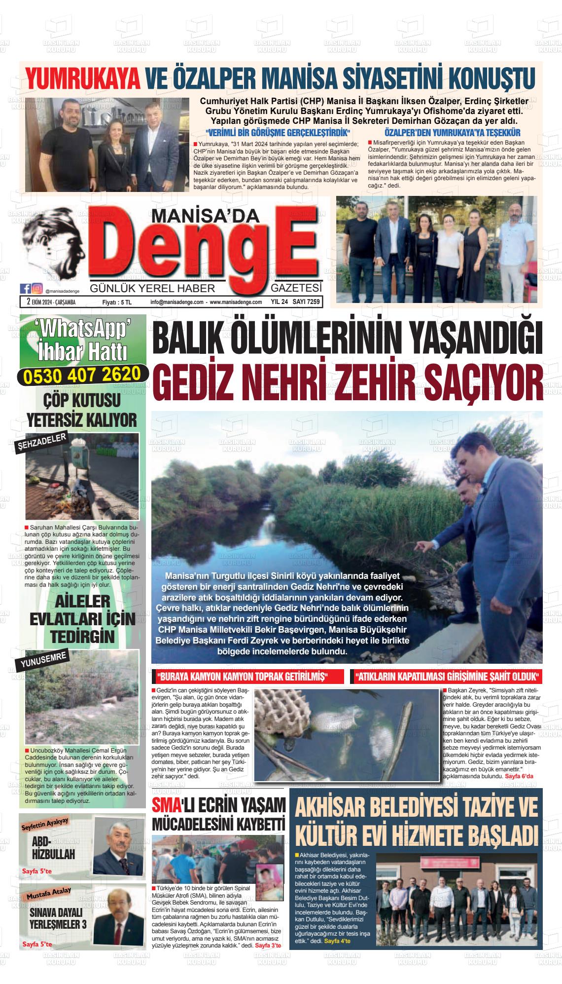 02 Ekim 2024 Manisada Denge Gazete Manşeti