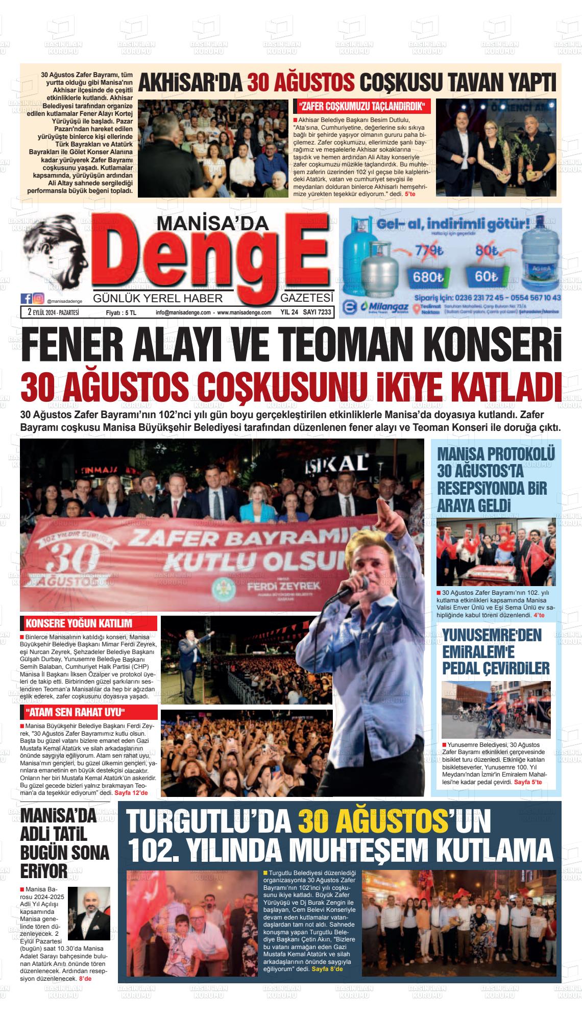 02 Eylül 2024 Manisada Denge Gazete Manşeti