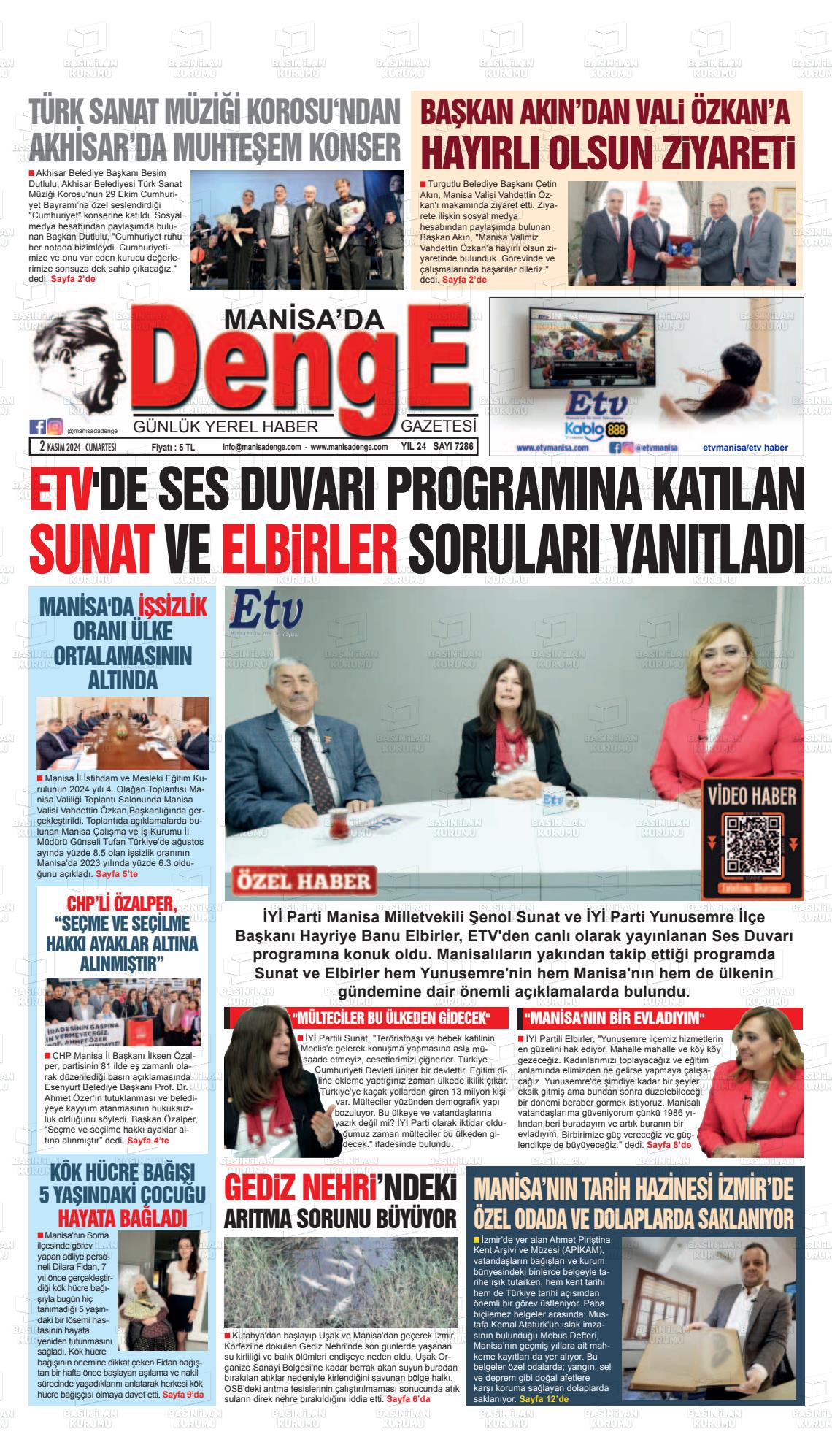 02 Kasım 2024 Manisada Denge Gazete Manşeti