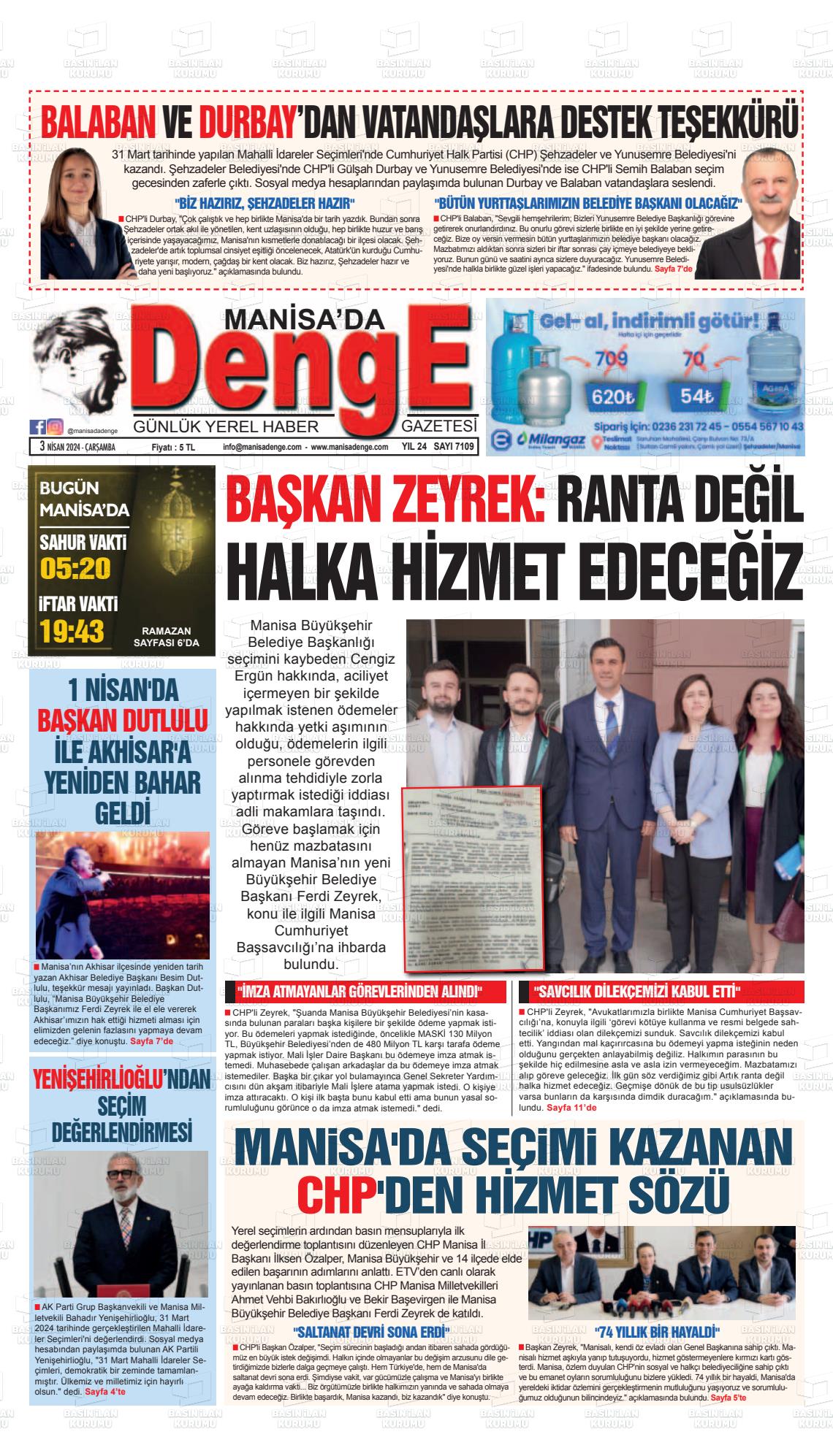 03 Nisan 2024 Manisada Denge Gazete Manşeti