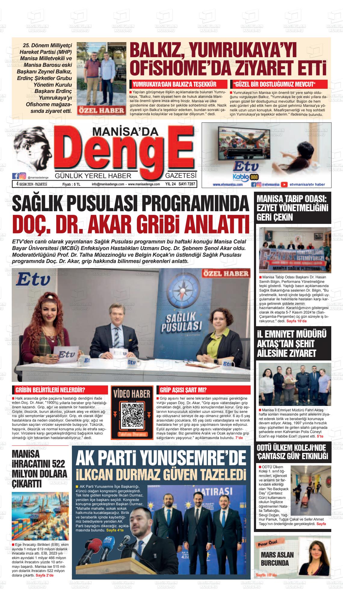 04 Kasım 2024 Manisada Denge Gazete Manşeti